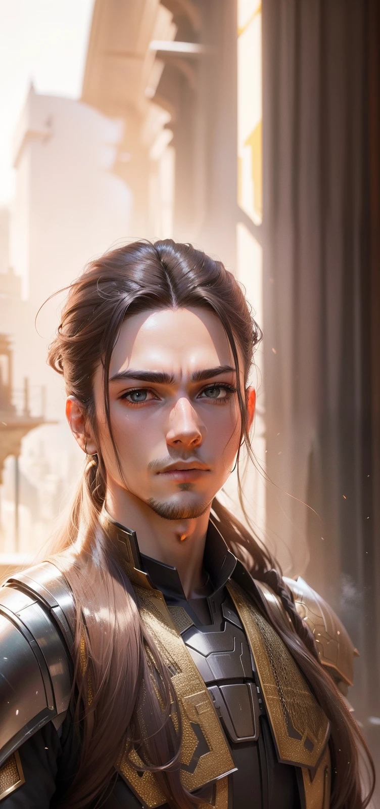 A real picture with a armour sifi dress, background is a new world, dark light, stylish long hair this color is brown,as a male hero,,