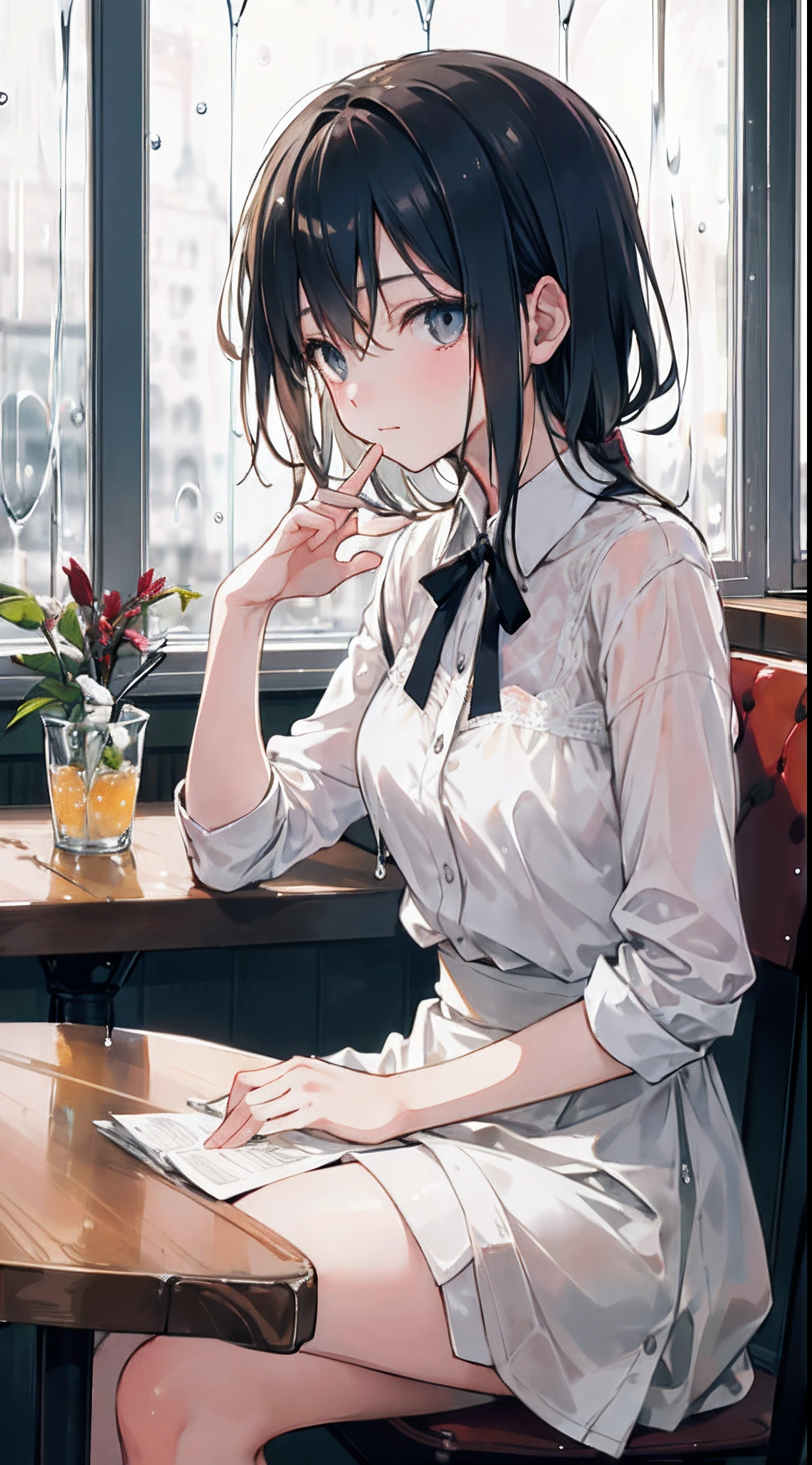 Highest quality, masterpiece, Ultra-high resolution, 8K, Show anime style , One, Soft line drawing, Digital Enhancement, shojo anime touch, shojo manga core, Flowing fabric, close, Soft Drawing, Ultra High Definition Digital Anime Art, Clear facial depiction, Highly detailed girl manga character art, Ultra-detailed manga style, Highest qualityの色, (Short brown hair), Wet Hair,Beautiful brown hair, Clear brown eyes, Slightly thicker,Small breasts,Small butt,She is sitting on a chair at the table in the room.,I sat in front of her,(((She turns away and stares blankly out the window.))),Rainy season sky,(Rain hits the window),((She is drinking coffee)),profile,from side,look out of the window