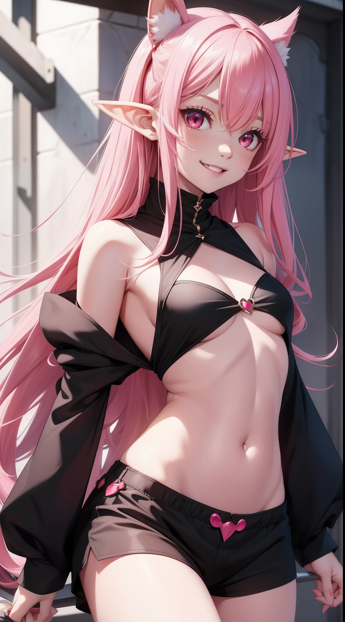 young girl, long pink hair, elf ears, red eyes, pink lipstick, crazy smile, small breasts, open shoulders, open belly, black mantle, long sleeves, claws, Shorts, Masterpiece, hiquality