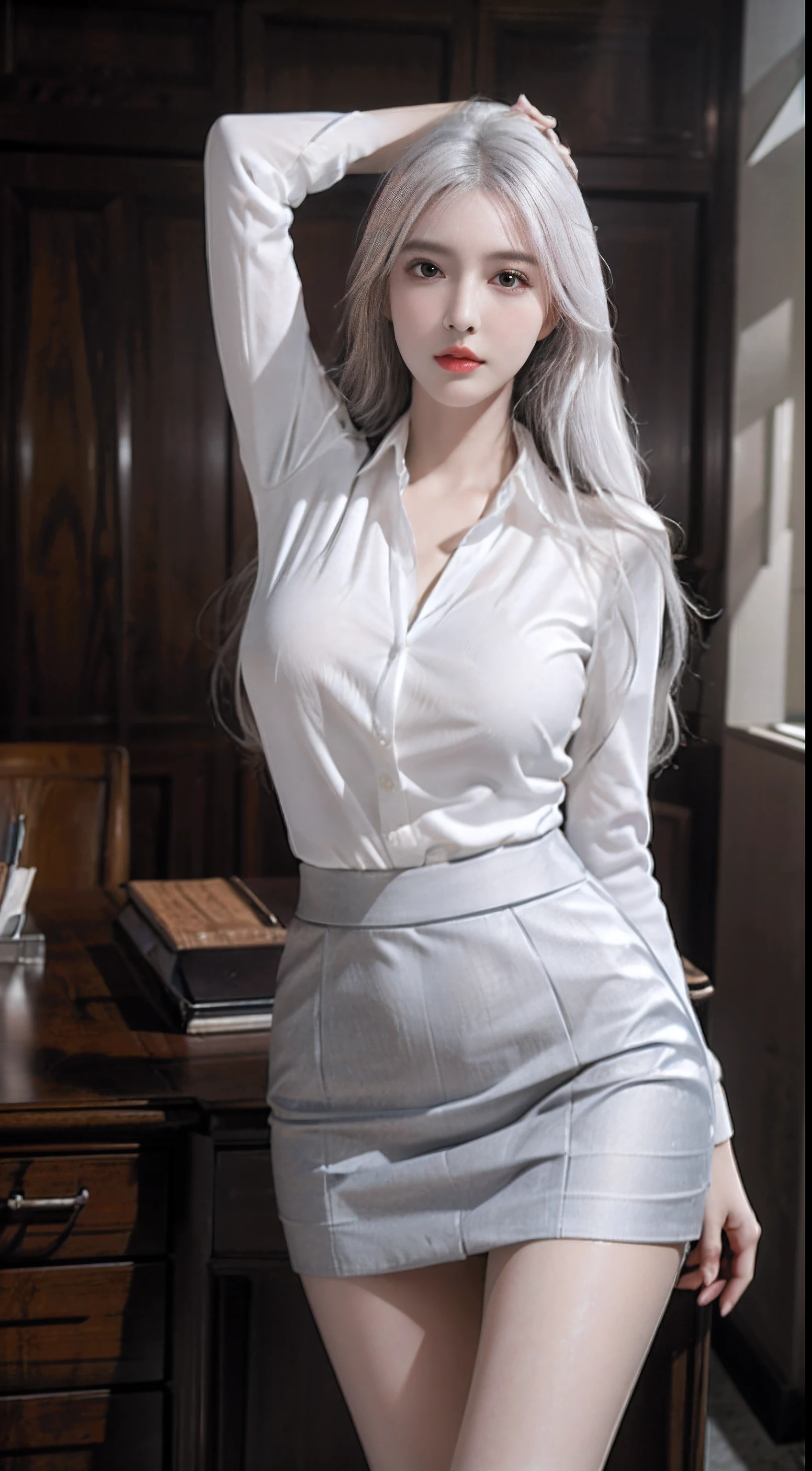 Photorealistic, high resolution, 1 Women, Solo, Hips up, view the viewer, (Detailed face), White hair, Long hair, Secretary uniform, Skirt,Stretching exercises，