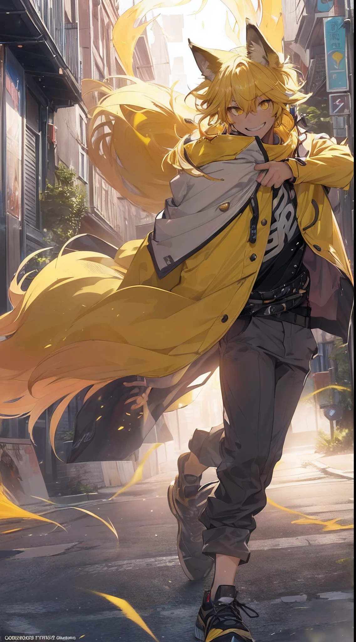 (1male people)、(foxes)、(street pic)、(confident grin:1.2)、(Top image quality)、(8K picture quality)、(masutepiece)、(Full body photo:1.3)、cinematric light, Cinema Shadow, Sharp Image, Extremely detailed,、beautiful effects, Muted colors, Highly detailed image textures, detailed hairs, Detailed face、(Yellow aura overflowing from the body:1.5)、Photo from the knee up