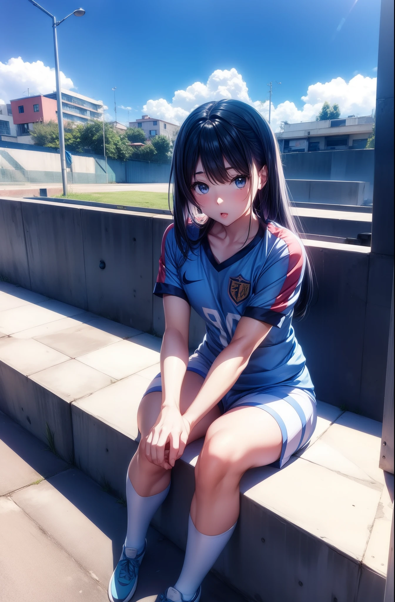:0,Anime girl sitting on a ledge with a soccer ball in her hand, uniforme de futebol,anime moe artstyle