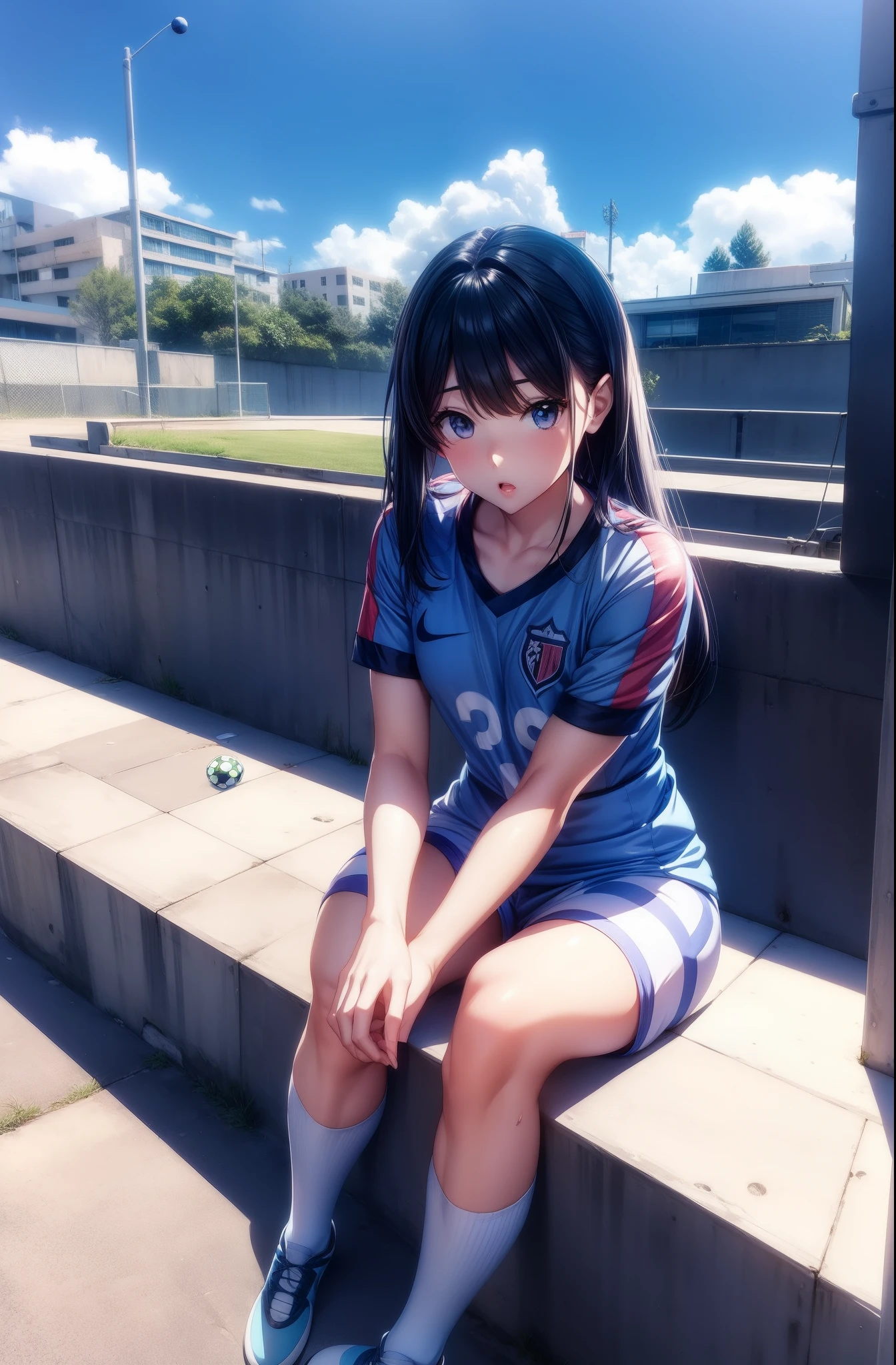 :0,Anime girl sitting on a ledge with a soccer ball in her hand, uniforme de futebol,anime moe artstyle