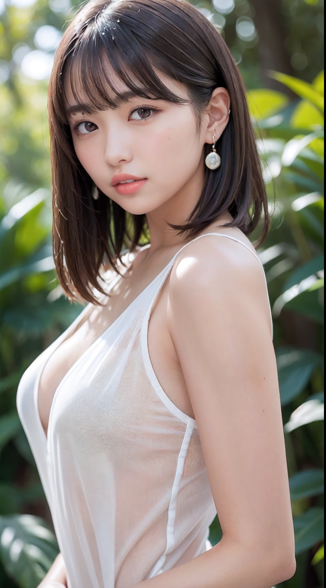 1womanl, up of face, mideum breasts, light brown hair, Blunt bangs, hair behind ear, hair over shoulder, Long hair, slender body shape, Ultra Fine Face, Thin face, Delicate lips, Beautiful eyes, thin blush, eyes are light brown, perfect glossy skin, flawless skin, Glistening sweat,View here, Ultra-thin hands, Ultra-fine fingers, best ratio four finger and one thumb, (realisitic:1.3), Finger Extensions, See-through white blouse. Broad-leaved forest, One-person viewpoint, Fuji Film, F/1.2, 8K, masutepiece, nffsw, Super Detail, High quality, Best Quality, hight resolution,