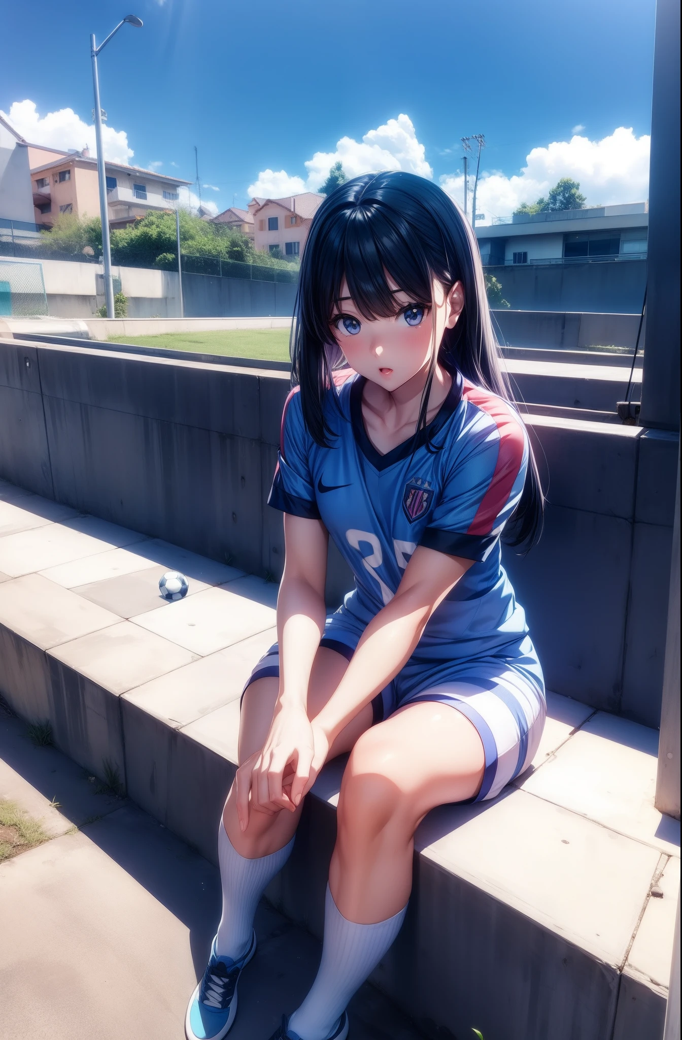 :0,Anime girl sitting on a ledge with a soccer ball in her hand, uniforme de futebol,anime moe artstyle