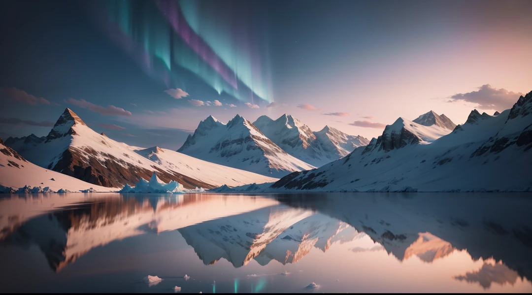 /imagine prompt: An isolated arctic landscape under the ethereal glow of the midnight sun, which casts soft lavender and rose hues across the snow-capped mountains and icy fjords. The water is still, reflecting the sky like a glass mirror, and icebergs float lazily in the foreground. A Northern Lights phenomenon subtly dances in the background. Render the scene with hyperrealistic details, focusing on the texture of the ice and the play of light on the snow. The mood is one of solemnity, capturing the untouched beauty and formidable essence of this frozen paradise