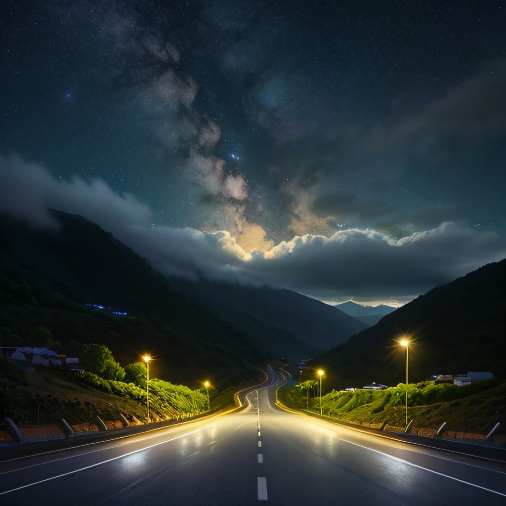 starry sky bright，​​clouds，The road down the mountain，straight，Duan，casa