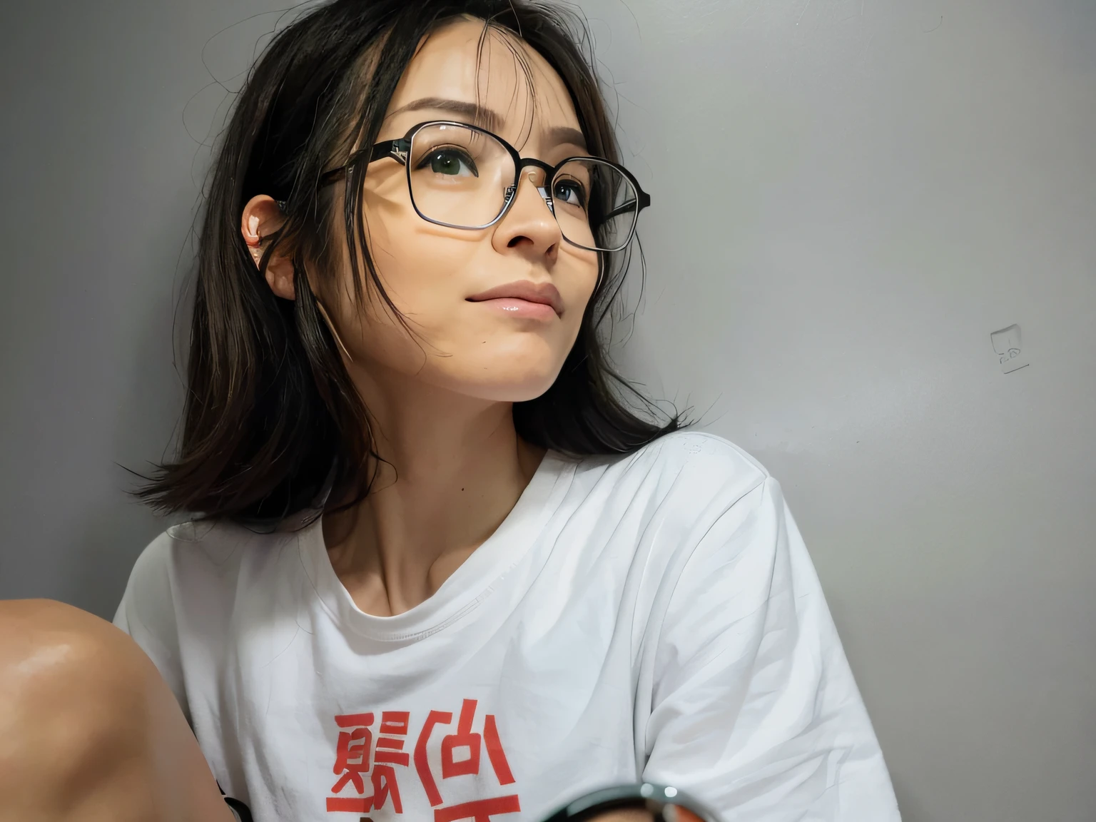 there is a woman sitting on the floor with a cell phone, with glasses, wearing thin large round glasses, wearing small round glasses, girl wearing round glasses, with glasses on, wearing square glasses, with square glasses, girl with glasses, wearing round glasses, 🤤 girl portrait, spectacled, eyeglasses, chinese girl, wearing glasses, wearing red tainted glasses