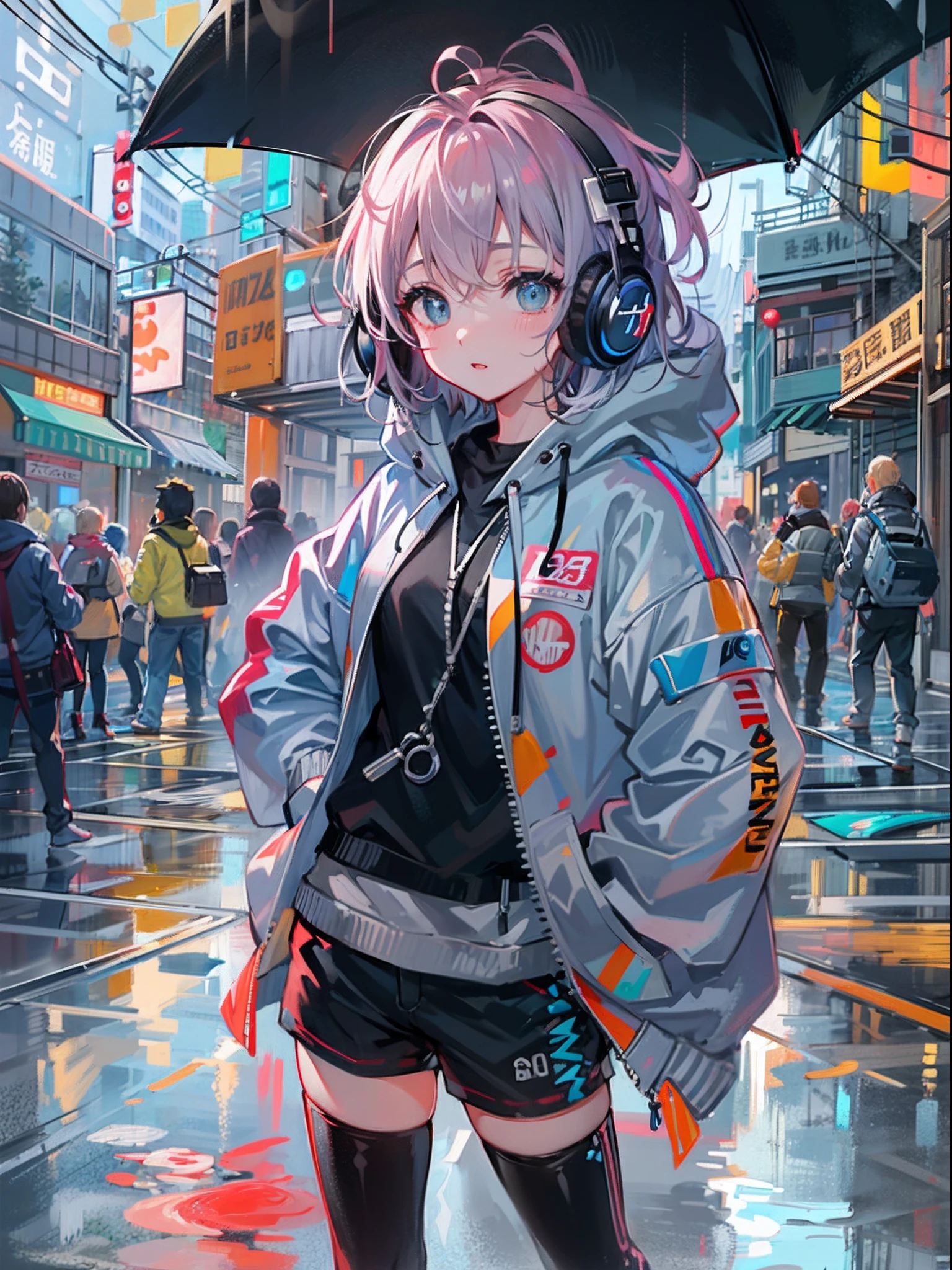 8K分辨率、((top-quality))、((masterpiece))、((ultra-detailliert))、1 woman、独奏、incredibly absurdness、Oversized hoodies、headphones、Street、plein air、Sateen、neons、Shortcut Hair、Brightly colored eyes、Hands in pockets、shortpants、water dripping