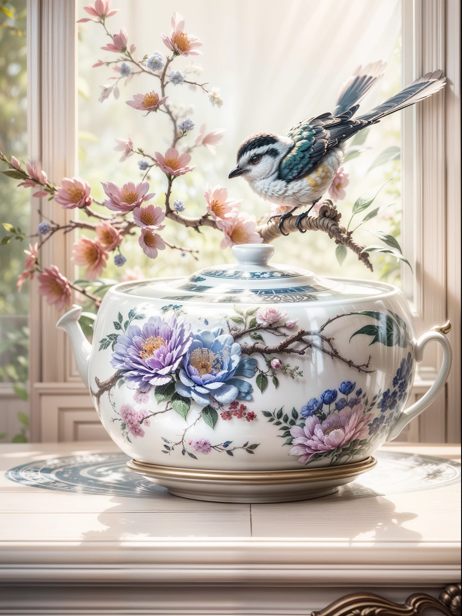 （Numerous award-winning masterpieces of）（Highest high resolution）（Detailed portrayal）（offcial art）soft, Warm light shines through the window on an old wooden table，On it sits a fine piece of porcelain。Porcelain has a pure white undertone，It has a delicate flower and bird pattern，Full of classical atmosphere。The painter can focus on the texture and detail of the porcelain surface，Capture the reflection and refraction of light on porcelain。The background is decorated with flowers，flowers in full bloom，Let the picture show a peaceful and elegant atmosphere，Show the beauty and delicacy of porcelain。