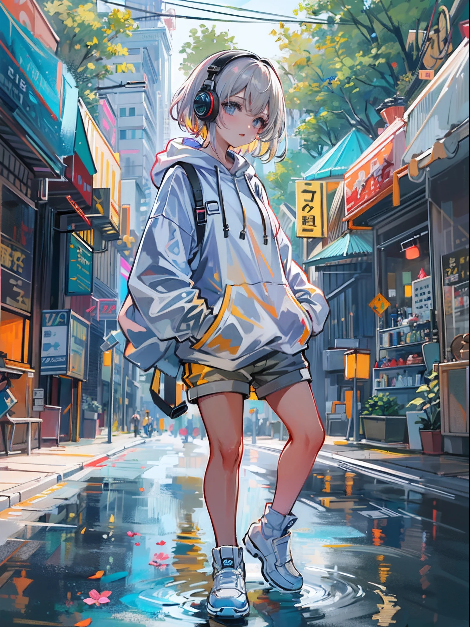 8K分辨率、((top-quality))、((masterpiece))、((ultra-detailliert))、1 woman、独奏、incredibly absurdness、Oversized hoodies、headphones、Street、plein air、Sateen、neons、Shortcut Hair、Brightly colored eyes、Hands in pockets、shortpants、water dripping