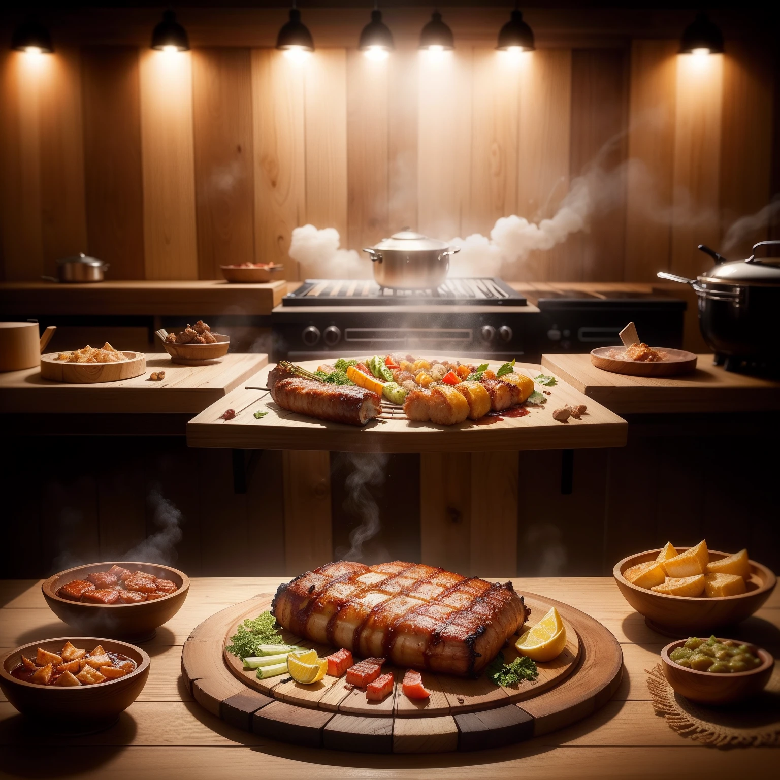 Great photos of delicious juicy fried barbecue、food photography、Gourmet、steaming、top-down view、Wooden table with natural deco and fabric、Decoration on the table、intricate detailes、8K分辨率、studio lights、Michelin Art Kitchen Style