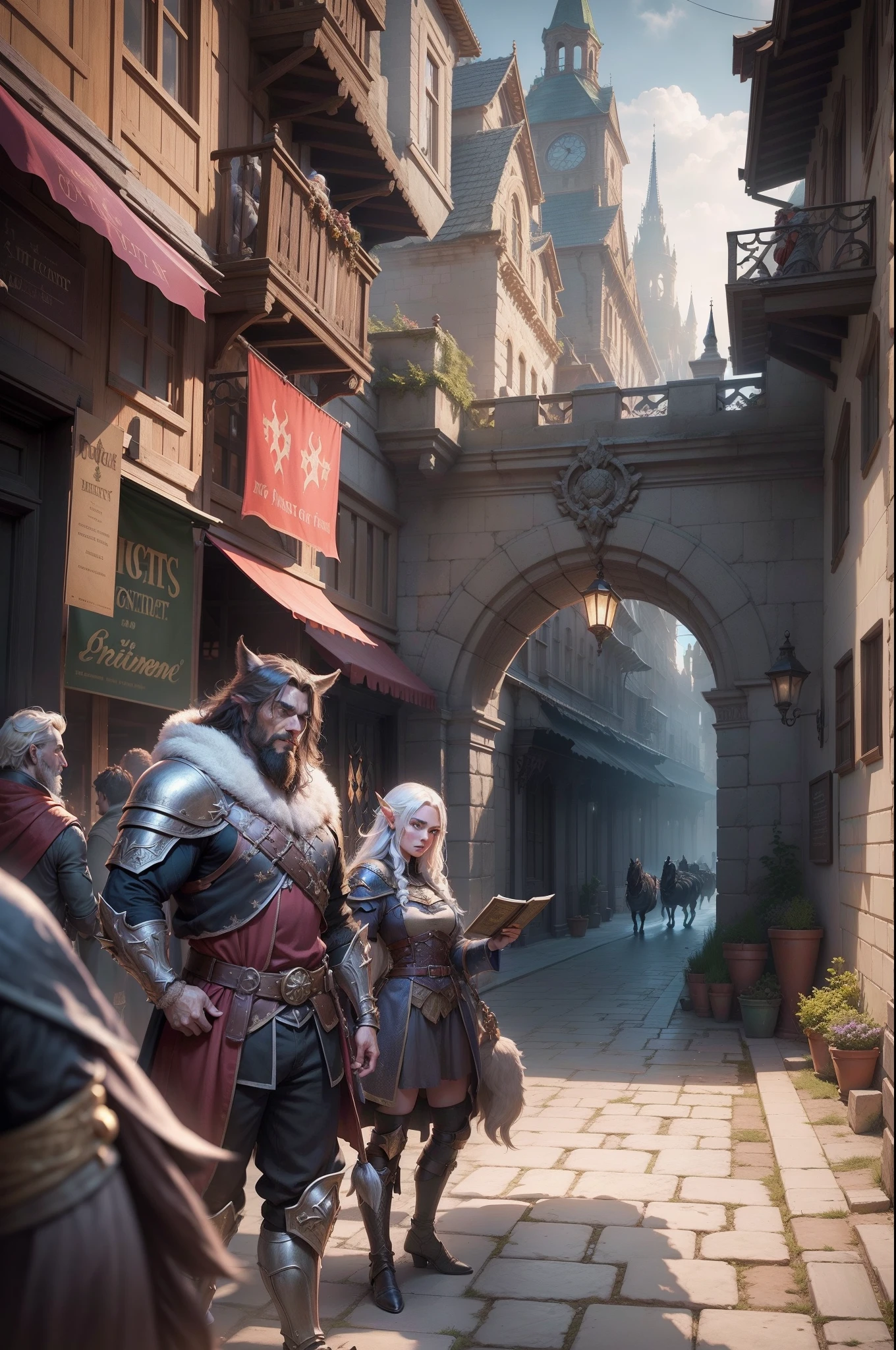 ((RPG CITY)), Great magical and mystical city of medieval times with many different races interacting with each other, different breeds in the same environment, including humans and elves and dwarves and half-orcs and beastmen and beast-women also with giants and animals around the place, 4k, motor Unreal, intrincado, altamente detalhado, beautiful lighting, Advanced quality, 8k, trending artstation, profissional, dramatic, illustration, alta qualidade, personagem bonito, Retrato premium, F/22, symmetrical and dynamic poses, RPG, obra-prima , Advanced quality, beautiful lighting.