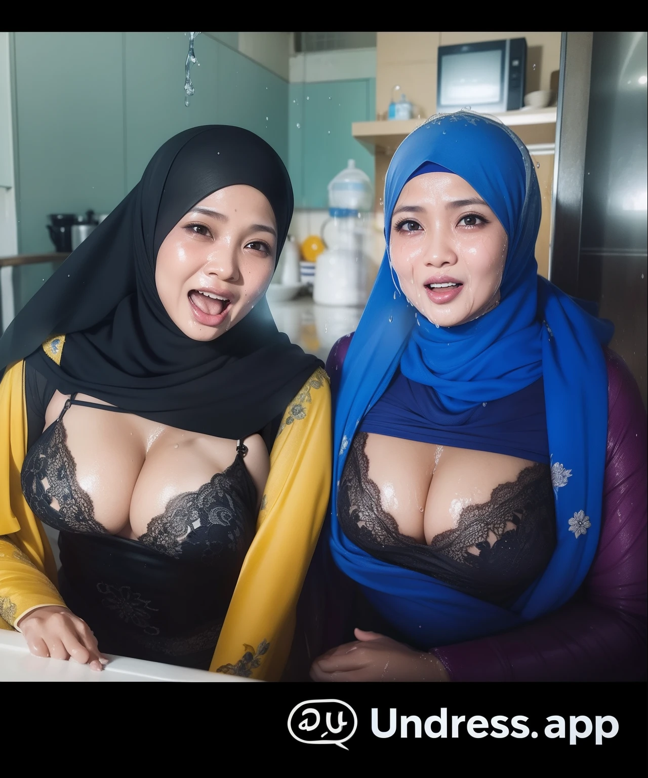 half body portrait photography of a mature 30 years old malay women wearing hijab and naked, side lighting, open mouth, tongue out, watery mouth, very wet face, front view, eye contact, very wet body, watery body,