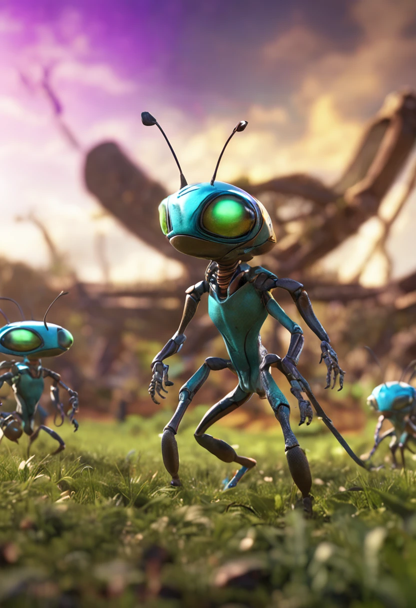 Several alien ants stand side by side on the field, game key art, depicted as a pixar character, Official Splash Art, High-tech factory, realistic cinematic photo, hyper HD, Realistic medium, Bright color, Highly detailed, Ultra HD drawings, Perfectcomposition, Beautiful details Intricate crazy details Octane rendering trends on ArtStation, of 8K., Realist conceptual art, soft, natural volumetric, Cinematic light