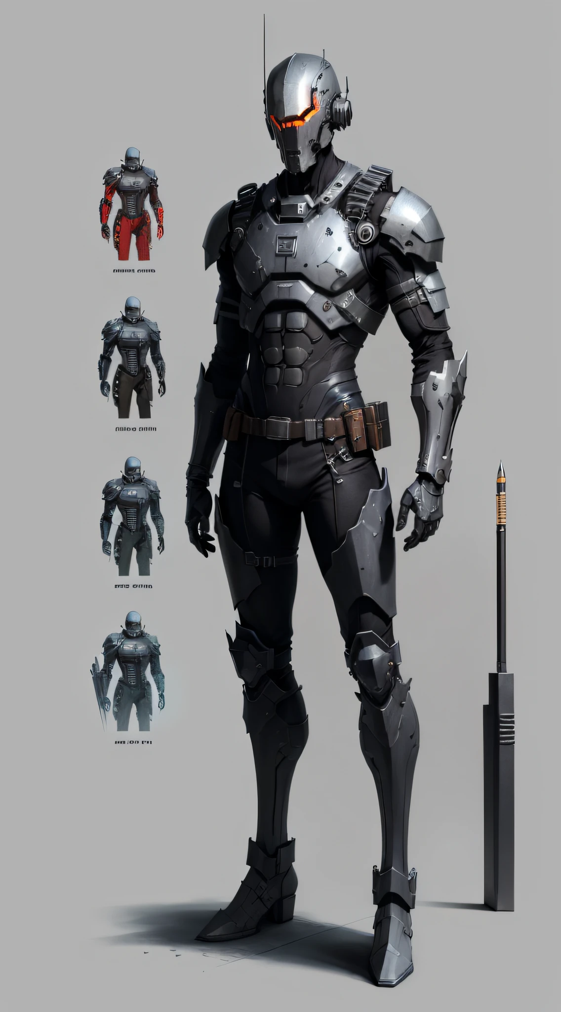 Salesman NPC, bits of color, Sketch book, hand drawn, dark, gritty, realistic sketch, Rough sketch, mix of bold dark lines and loose lines, bold lines, on paper, character sheet, humanoid, Full body covered in metal, slik, sci-fi, ghostly theme, (((items and gear listed on the side)))