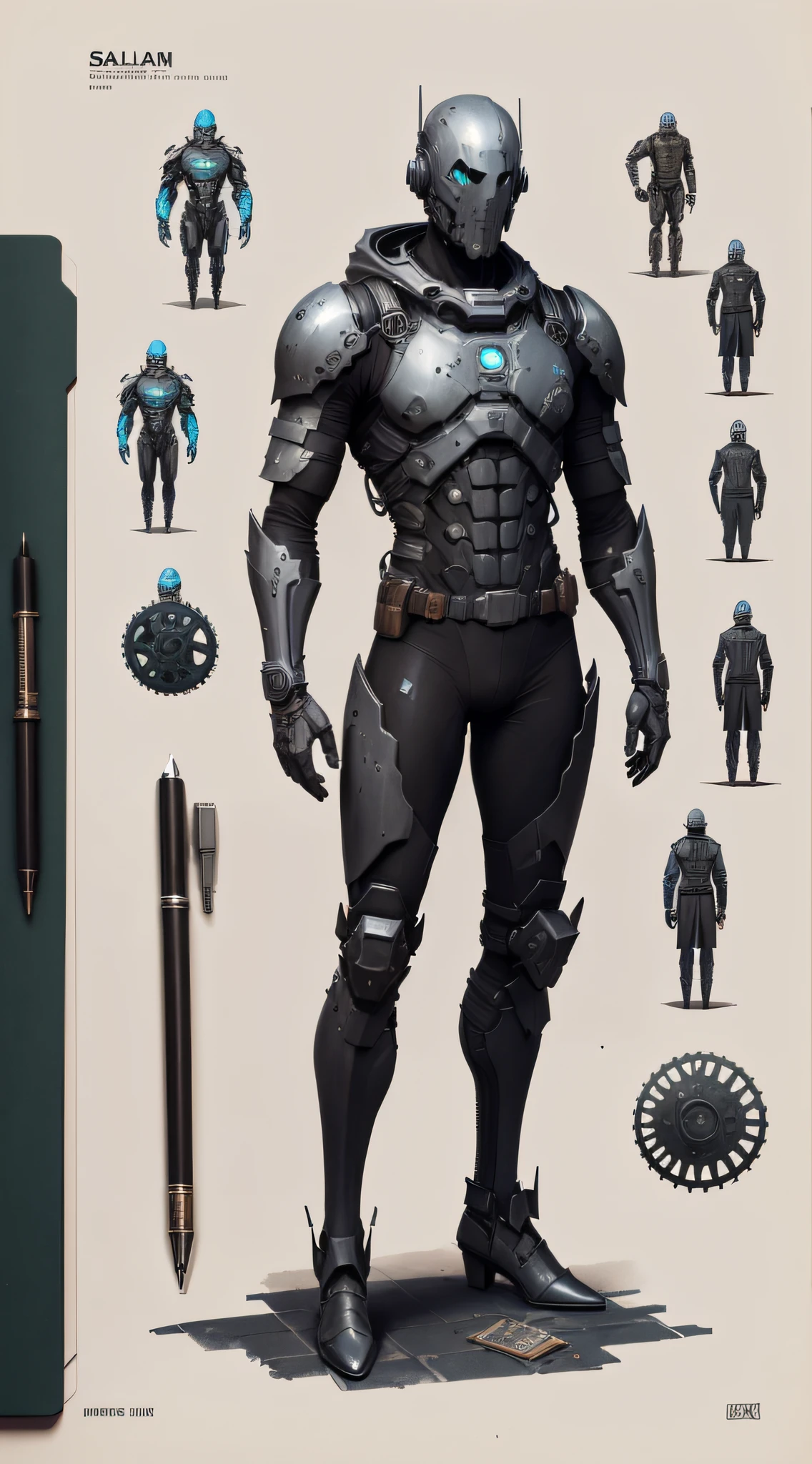 Salesman NPC, bits of color, Sketch book, hand drawn, dark, gritty, realistic sketch, Rough sketch, mix of bold dark lines and loose lines, bold lines, on paper, character sheet, humanoid, Full body covered in metal, slik, sci-fi, ghostly theme, (((items and gear listed on the side)))