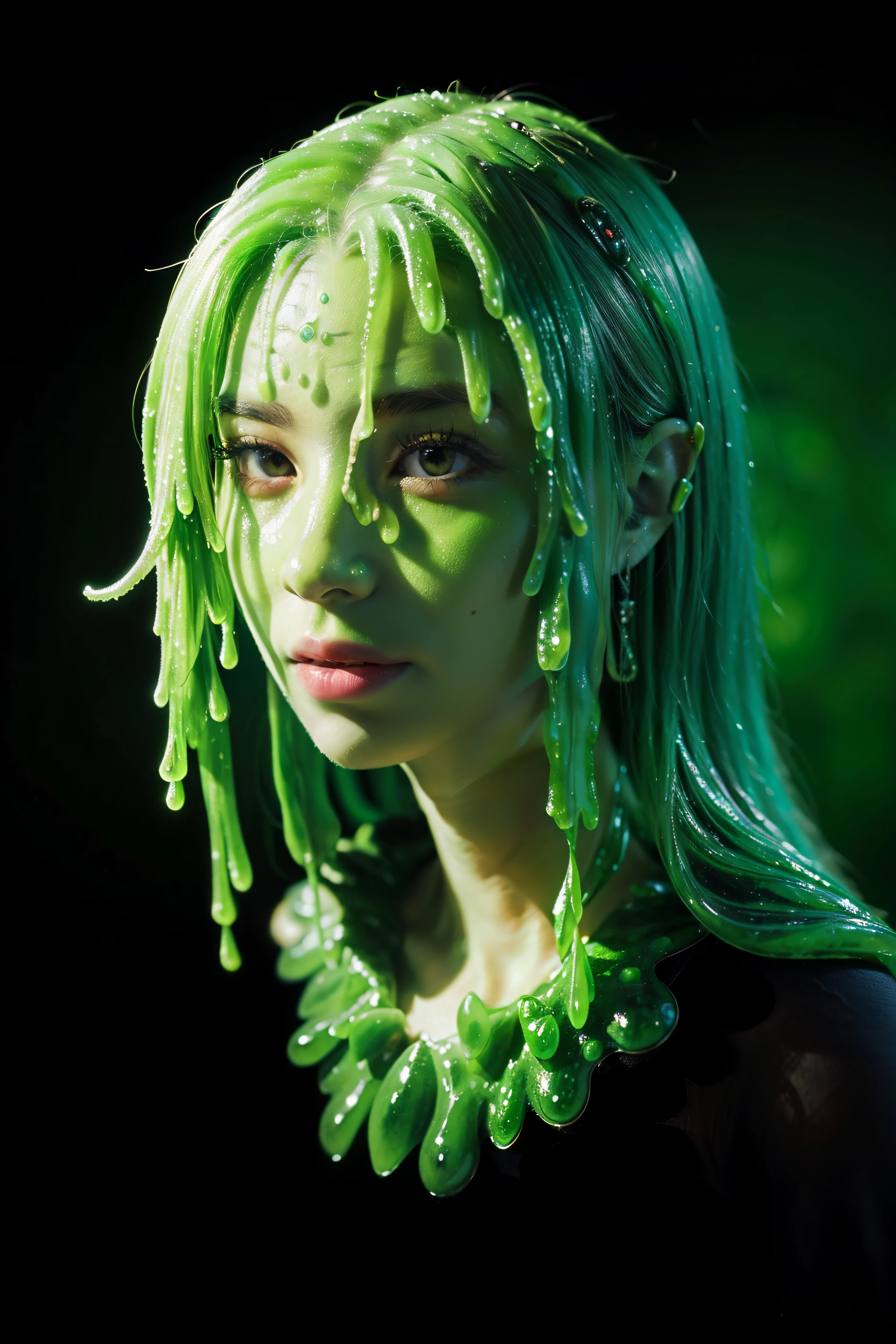 A close up of a woman with green hair and green makeup - SeaArt AI
