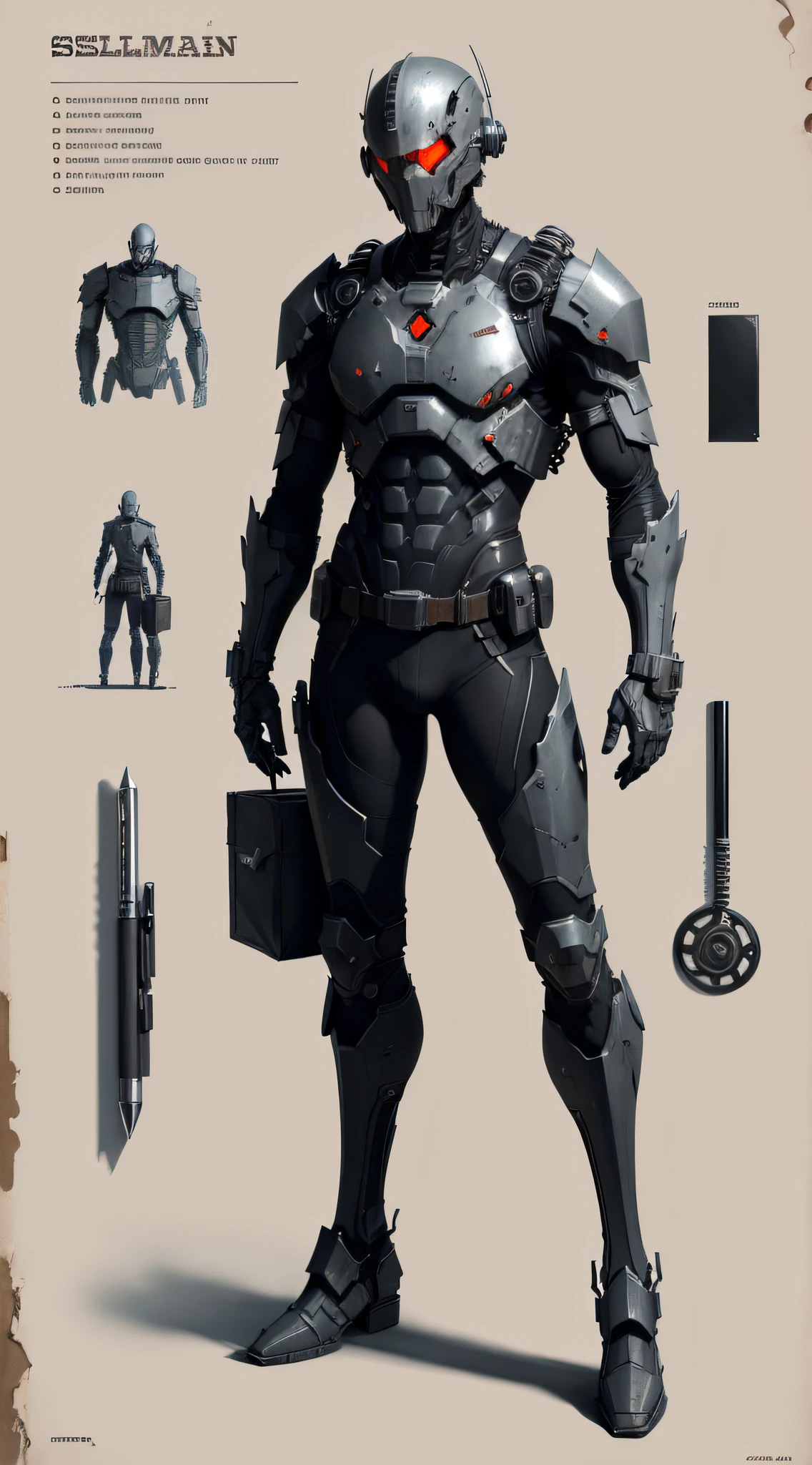 Salesman NPC, bits of color, Sketch book, hand drawn, dark, gritty, realistic sketch, Rough sketch, mix of bold dark lines and loose lines, bold lines, on paper, character sheet, humanoid, Full body covered in metal, slik, sci-fi, ghostly theme, (((items and gear listed on the side)))