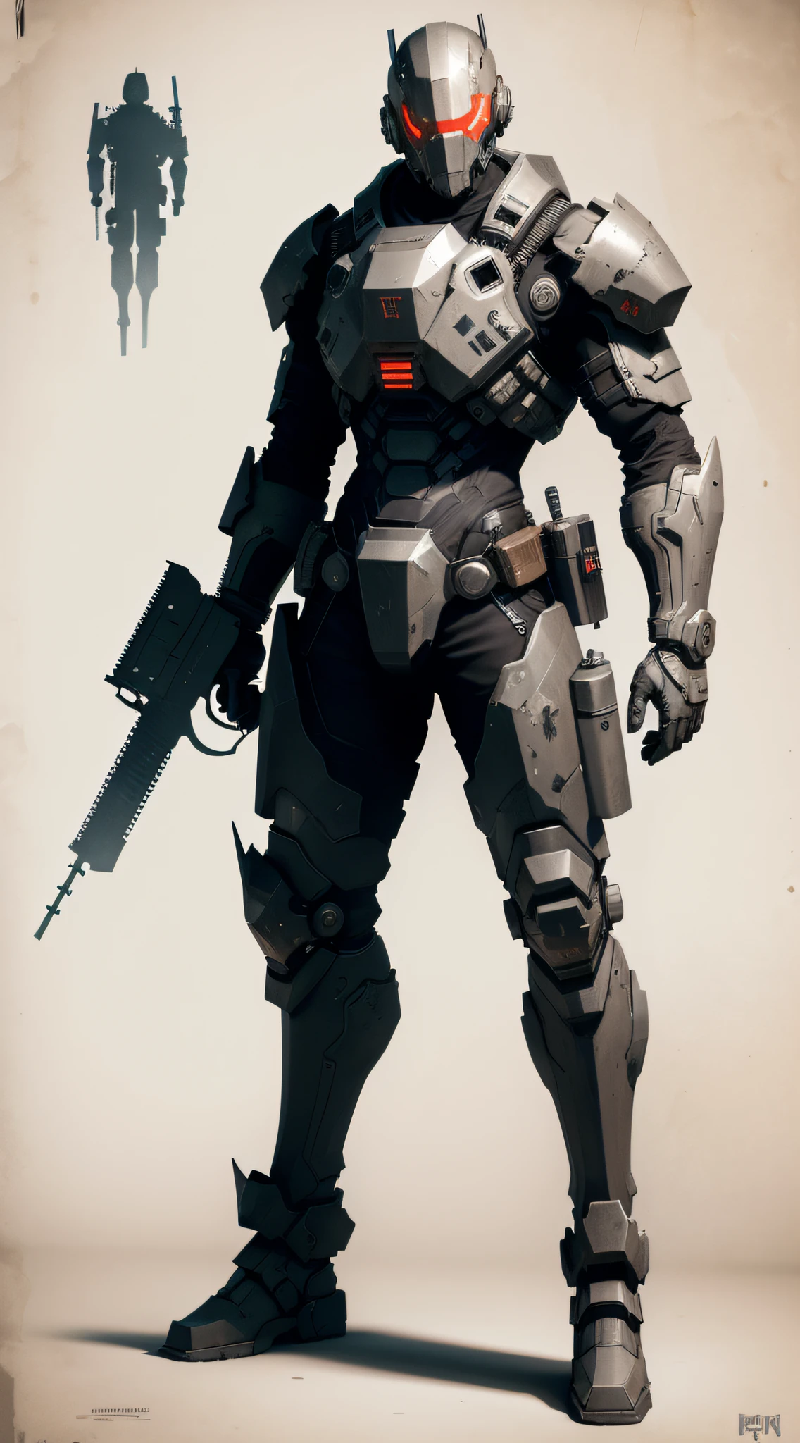 Game object GUn, bits of color, Sketch, hand drawn, dark, gritty, realistic sketch, Rough sketch, mix of bold dark lines and loose lines, bold lines, on paper, character sheet, humanoid, Full body covered in metal, slik, sci-fi, ghostly theme, (((items and gear listed on the side)))
