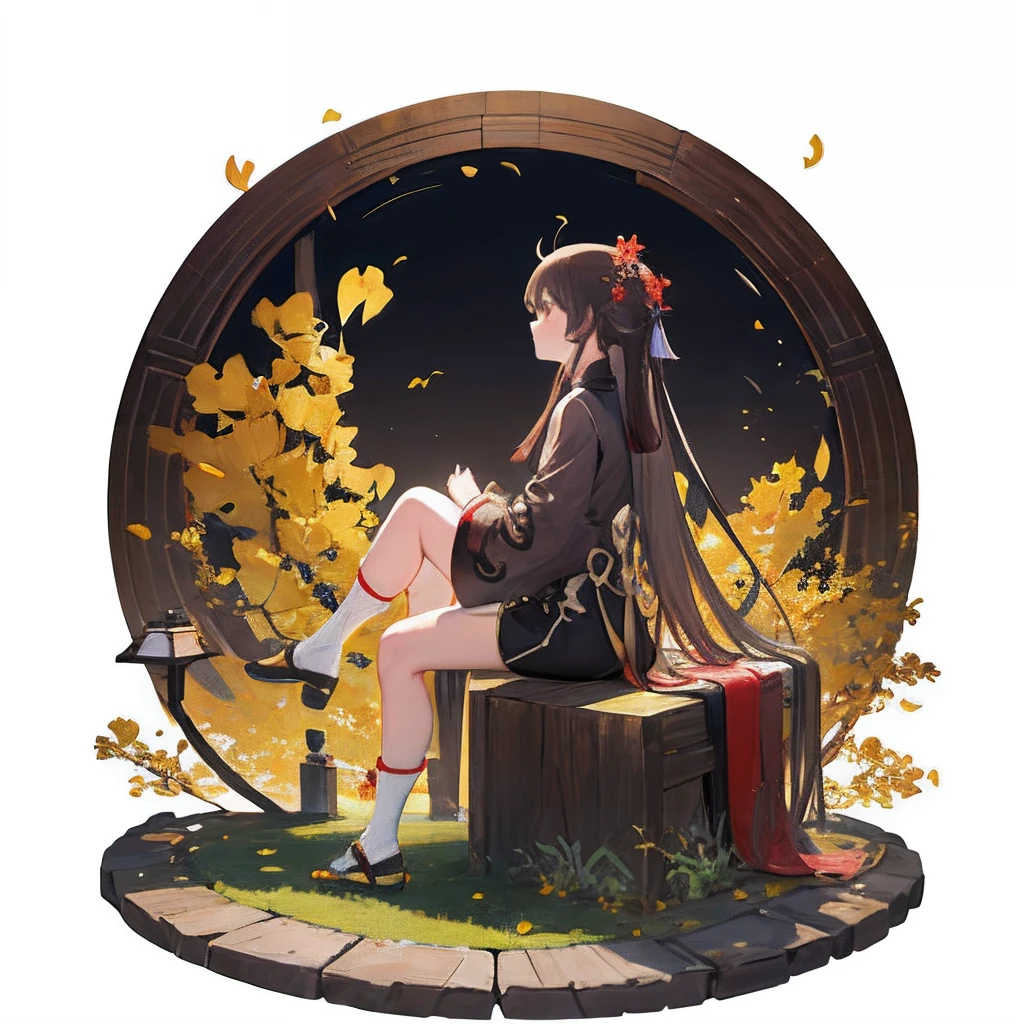 yellow Chinese ginkgo biloba leaves pattern white background, Hu tao from genshin impact, casual outfit, hands on the back, facing sideway, sitting, circle in the middle, long hair