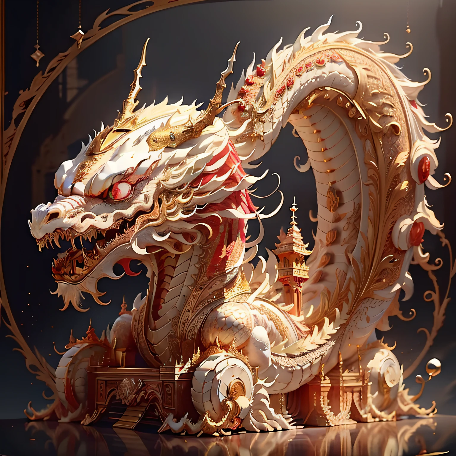 There is 1 ivory gold AI ceramic dragon,dentes pontiagudos,red eyes,Best quality at best,tmasterpiece,超高分辨率,