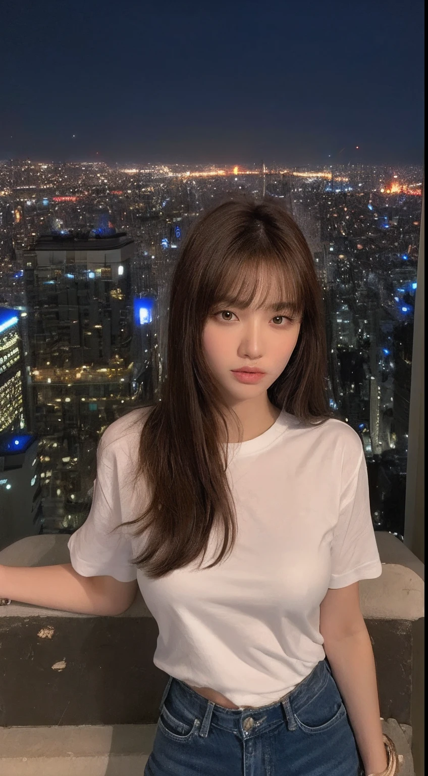 ((mid night、top-quality、8k、masterpiece:1.3)), full bodyesbian, long legged, foco nítido:1.2, Beautiful woman with perfect body shape:1.4, Slender Abs:1.1, ((Brown hair、huge tit:1.2)), (White tight t-shirt、 is standing:1.2), ((Night City View、On the rooftop:1.3)), Highly detailed facial and skin texture, A detailed eye, 二重まぶた