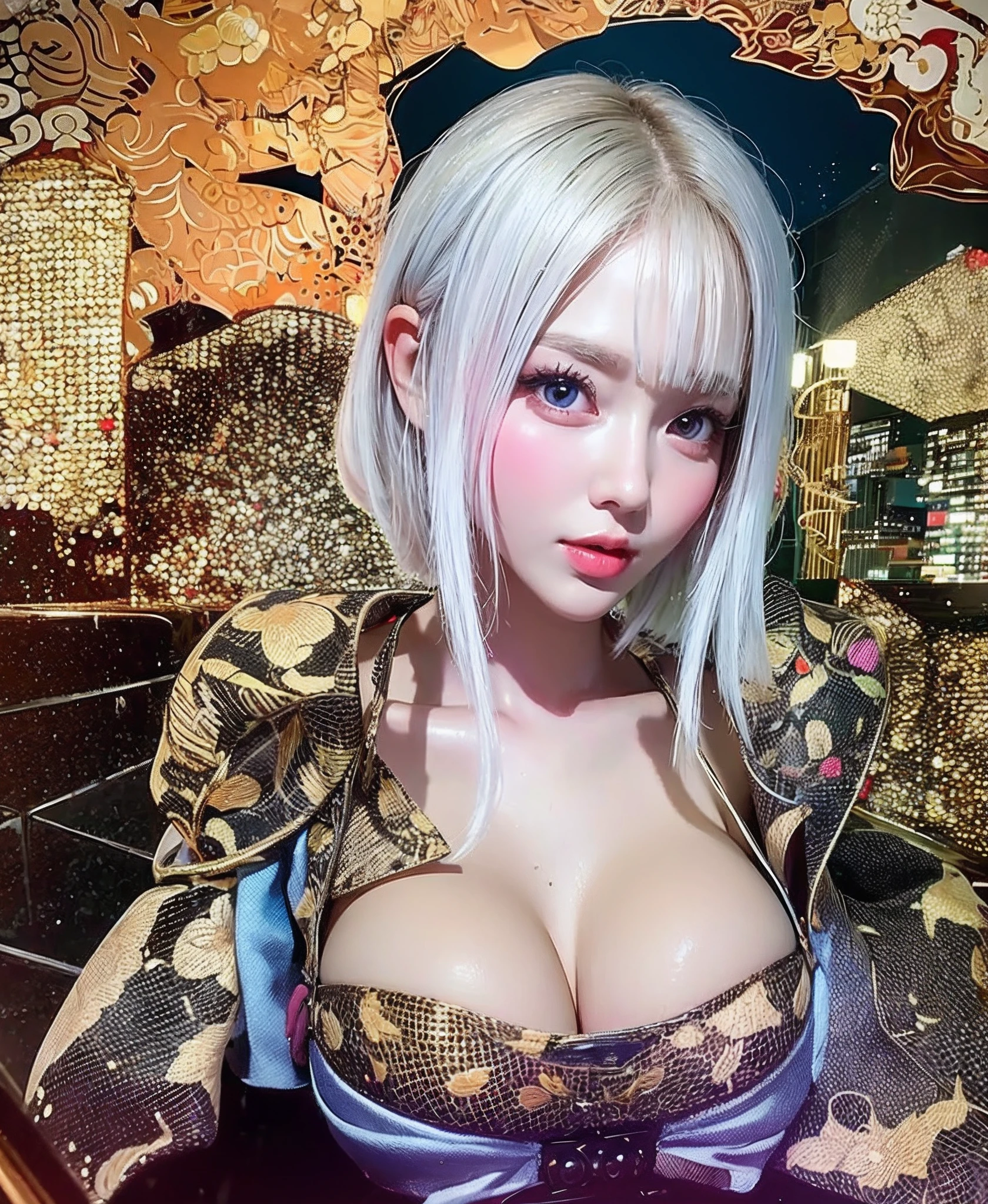 white  hair、long fluttering hair、strong breeze、a purple eye、Luminous Eyes、Tentacles clinging to the body、White Latex Suit、Mollusk girl、Colossal tits、The face and  are alive、Cleavage is visible。photoRealstic、portfolio、Biotech Cyborg、Gothloli details、tentaculata、Detailed biocomponents、Bundle of thin tubes、sea anemones、Nudibranch、Luminous tube、Detailed neon、Fine LED、Golden fine parts