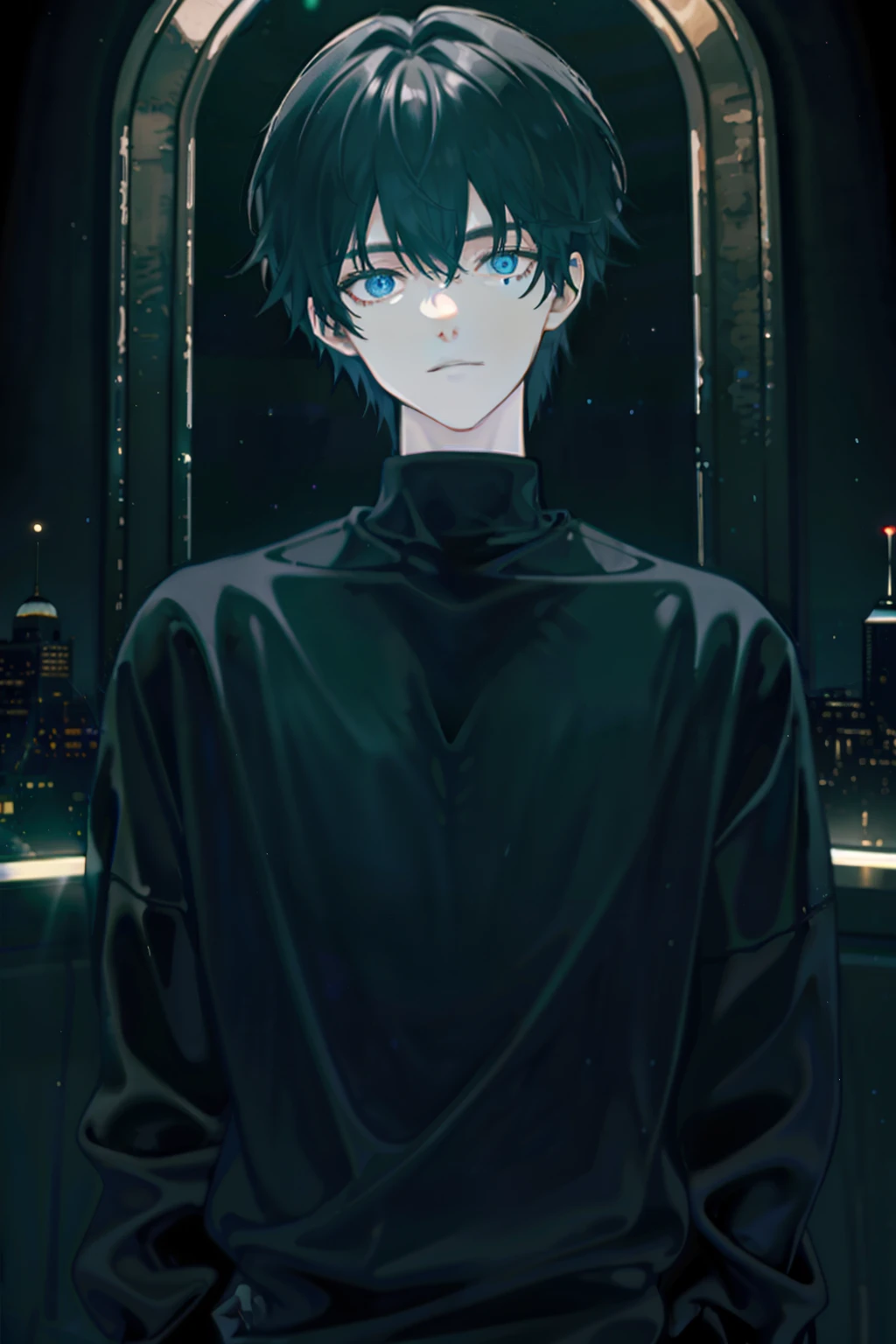 dark themes、1male people、Adults、Black pullover sweatshirt,of a guy、wearing hat、underground room、dimly lit、Narrow、flashing lights(full bodyesbian)。