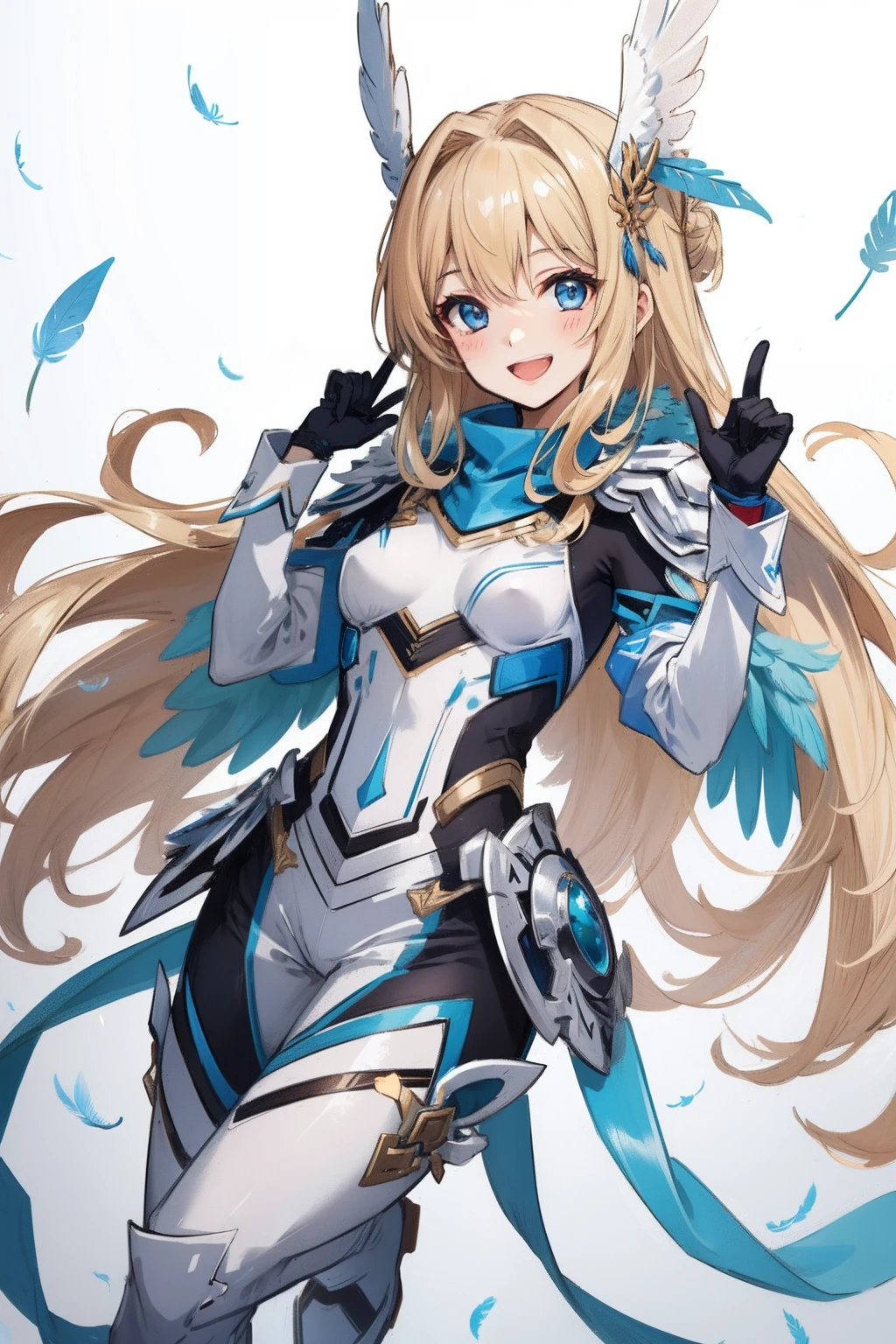 feather wings, Valkyrie, cheerful smile, laugh, flat breast, looking at viewer,