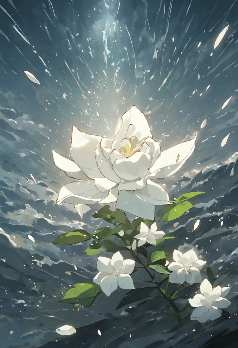 White gardenia petals floating in the sea,Broken petals are scattered in the sea,Chuva bateu no mar,dark and gloomy sky