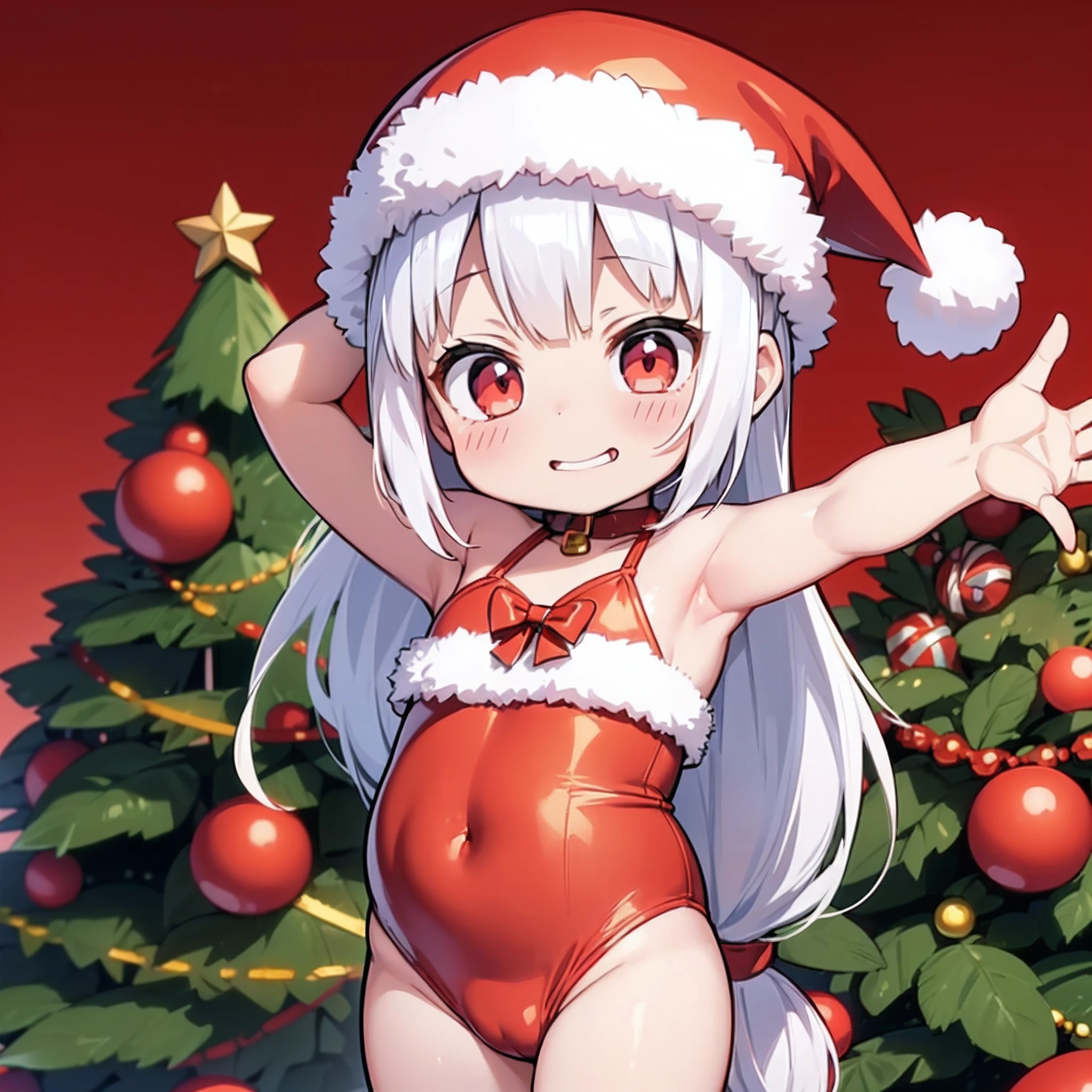 Best Quality, Extremely detailed, Anime, 1girl in, Solo, (Toddler:1.3), (Baby:1.3), Chibi, , Loli face, hing, Standing, Dynamic Angle, (onepiece swimsuit|santa costume), santa hat, Red Eyes, Twin tail, White hair, Christmas Backgrounds, Christmas tree, Christmas,