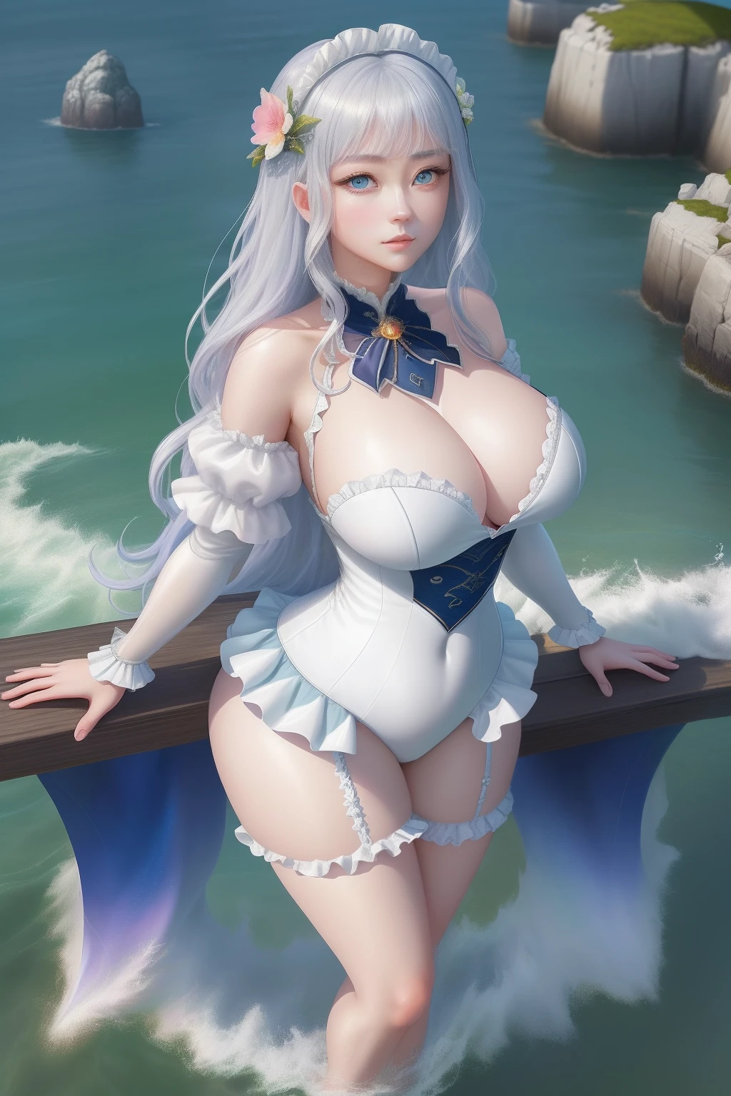 (top-quality、8K、32K、tmasterpiece、Sea Art 2.1)、the original god、Sweet rain、Heterochromatic pupil、huge tit、Large full breasts、Exposed flesh、full bodyesbian、sface focus、Oversized、from below、looking at viewert、Wearing a maid outfit、standing on your feet、Beth