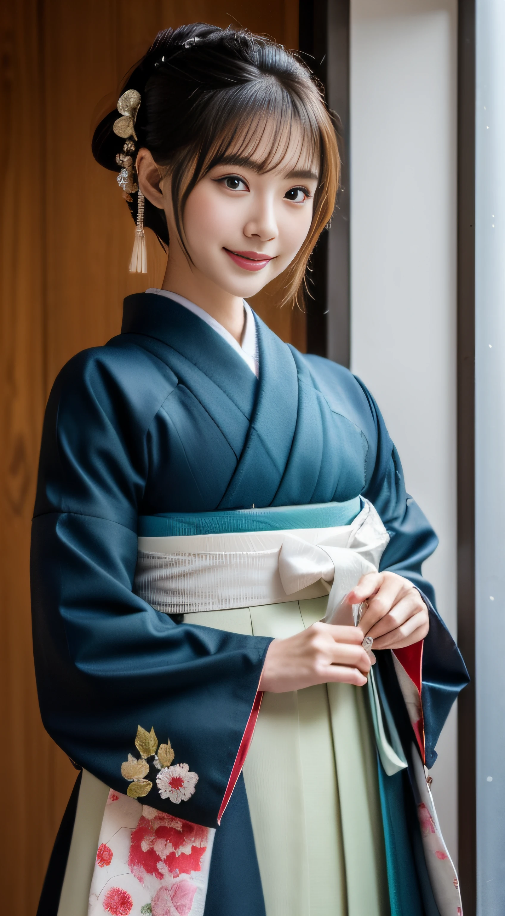 (((Female Student Hakama))), Super beautiful 24-year-old fashion model, perfect eyes, Perfect iris,Perfect lips,perfect teeth,Perfect Skin,With fair skin,Soft front light,nffsw,Movie girl,ssmile,(Hakama of a female student Japan in the Taisho era),The background is the Japan cityscape of the Taisho era,Taisho era Japan buildings,Taisho era bicycles in Japan、Green Tree々,florals,grass field,4K Ultra HD, 超A high resolution, (Photorealistic: 1.4), Best Quality,masutepiece,Utra dilution,(PastelColors:1.2)