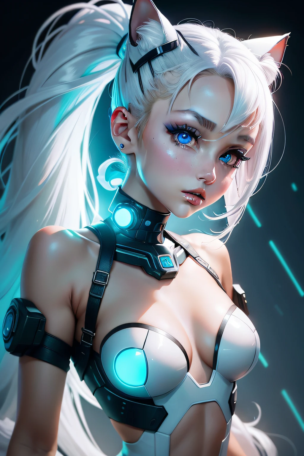 Full-length cybergirl with a ponytail. The face of Ariana Grande. Bright white color, To show, that she's a cyber girl with a laser rifle. white eyebrows. Clothes like a cat costume. She also has bright blue eyes. The environment is like a terminator. Platinum hair. It is illuminated in bright blue on one side of the face. Led as. And in both hands there is also an LED light.