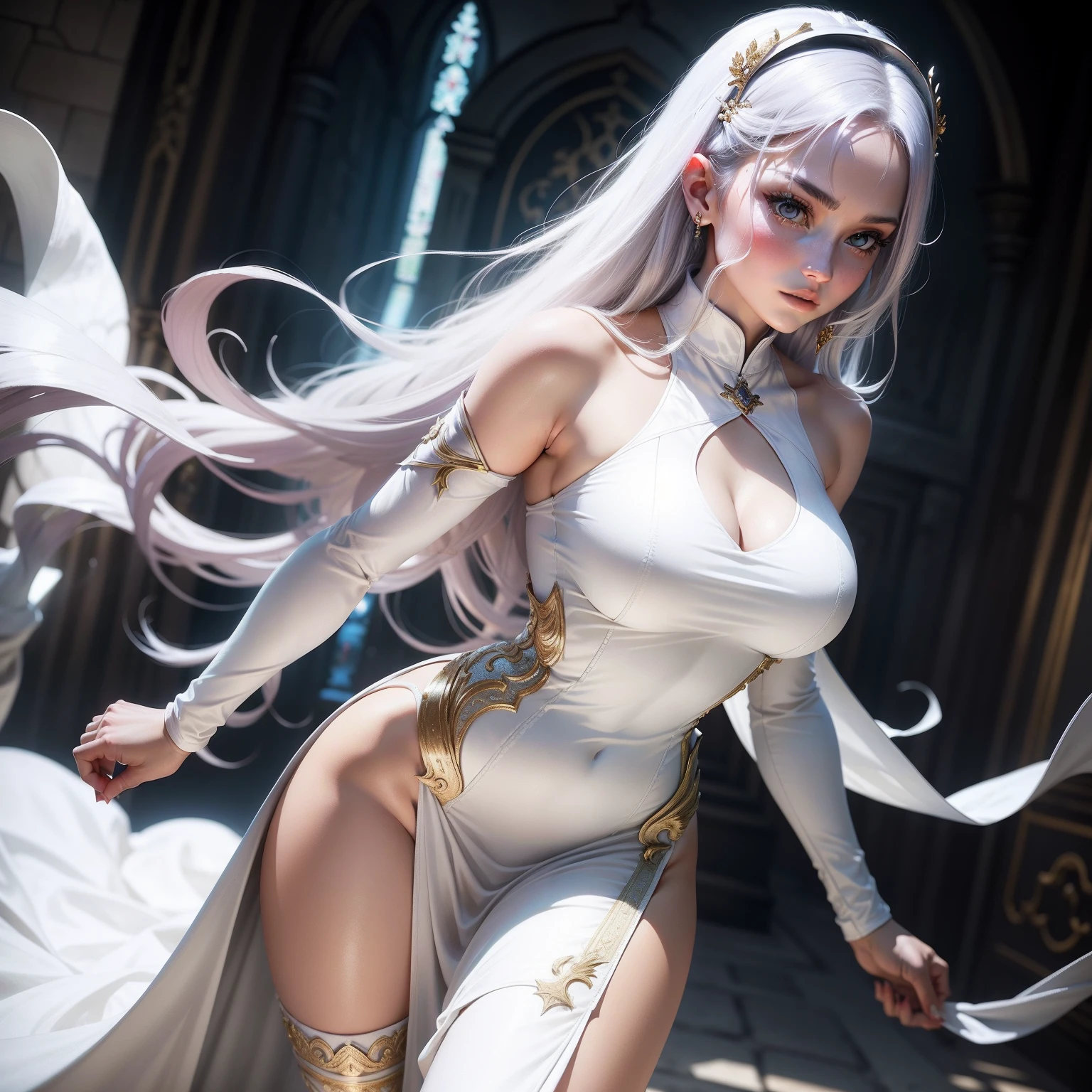 A priest woman warrior. Long Tight white dress have ruby . Posing. Sexy. Beautiful. Attractive.