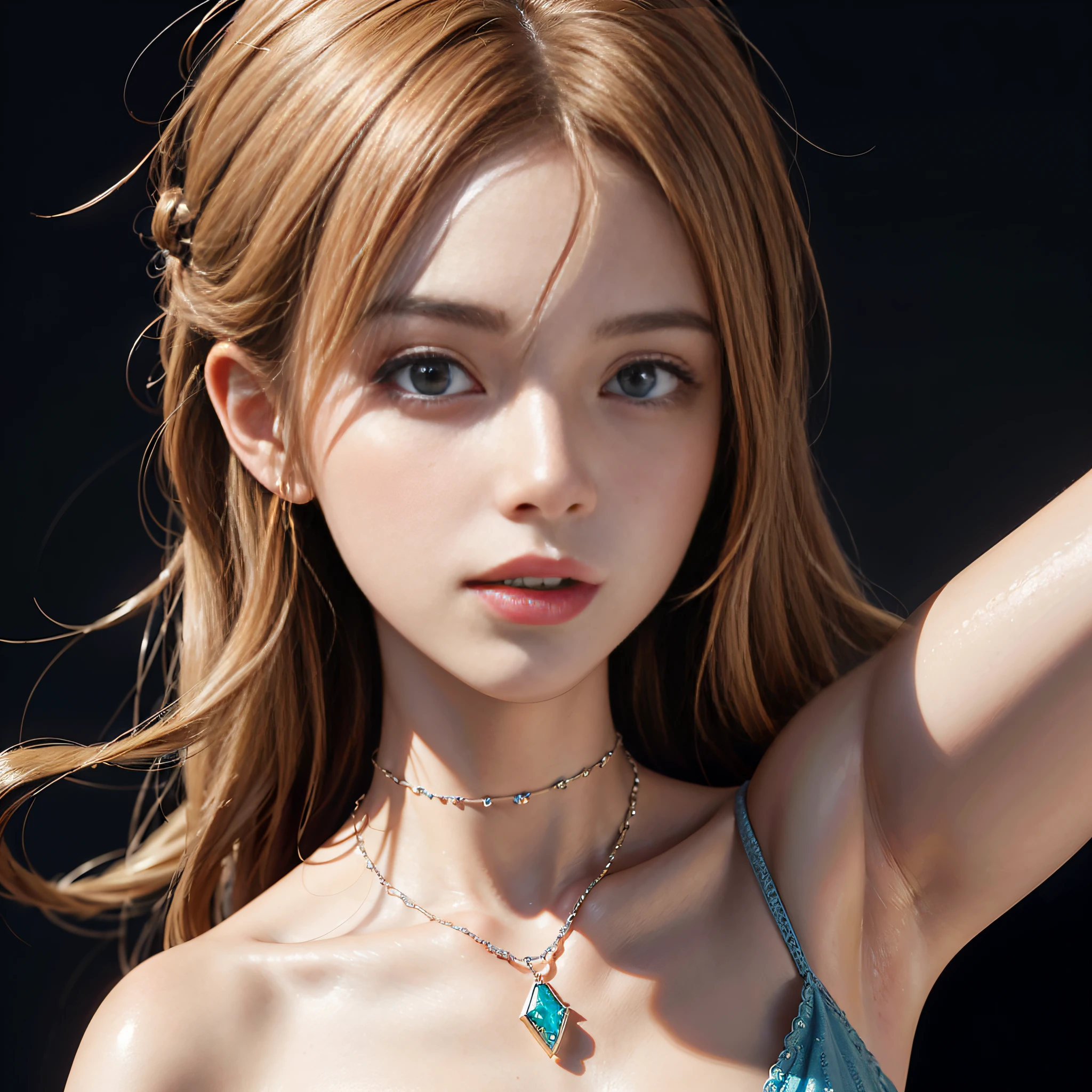 ((masterpiece:1.4)、(top-quality:1.4)、(reallistic:1.7))、Super beautiful girl、((1girl in:1.4))、Shiny natural skin texture、Photorealistic beautiful face、((Extreme beauty portrait photography))、age19、realistic shaded perfect face、Ultra realistic digital paint beautiful girl、(mandy jurgens:1.4)、Upper body photography、Close-up photos、(Two arms:1.4、Two legs:1.4)、(perfect anatomia:1.4)、perfect hand、Soft front light、beautiful countenance、kawaii faces、Beautiful udder、blue eyess、A detailed eye、Draw eyes clearly and beautifully、beautidful eyes、Narrow waist、Raw photo、Shallow depth of field、red-lips、((Natural bright blonde hair))、a choker、a necklace、耳Nipple Ring、1 screen display、细致背景