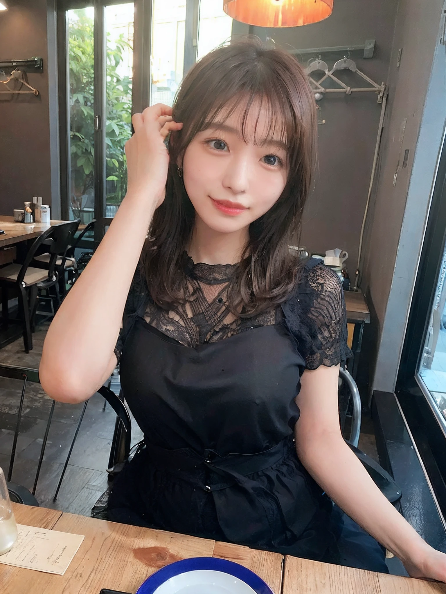 face is :9,503917907], Real 19-year-old college girl from upper class、Wearing a black formal dress、165 cm tall, Japanese Models, Short Layer Hair、japanaese girl, Neat and clean Japan woman, A smile、Smile、goddess of Japan, Innocence、Raw photo, (8K、top-quality、​masterpiece:1.2)、(intricate detailes:1.4)、(Photorealsitic:1.4)、octane renderings、Complex 3D rendering ultra detail, studio lights, Rim Lights, vibrant detail, super detailing, realistic skin textures, Detail Face, Beautiful detail eyes, Very detailed CG Unity 16k wallpaper, make - up, (detailedbackground:1.2), shinny skin、