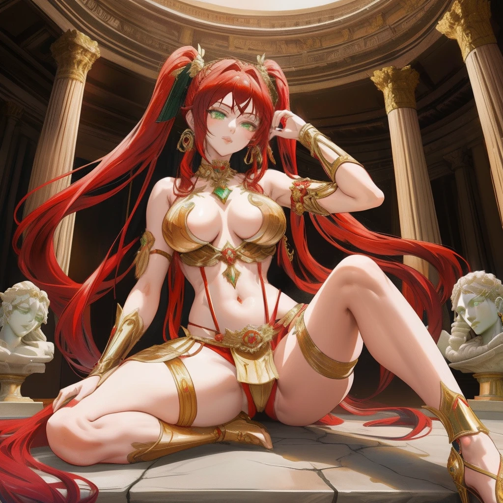 Female asian Irina Shidou red hair twintails green eyes, in an ancient Roman coliseum with many statues, wearing a silk loin cloth and nipple covers and diamond earrings and golden choker, legs spread wide open, portrait, masterpiece, highly detailed