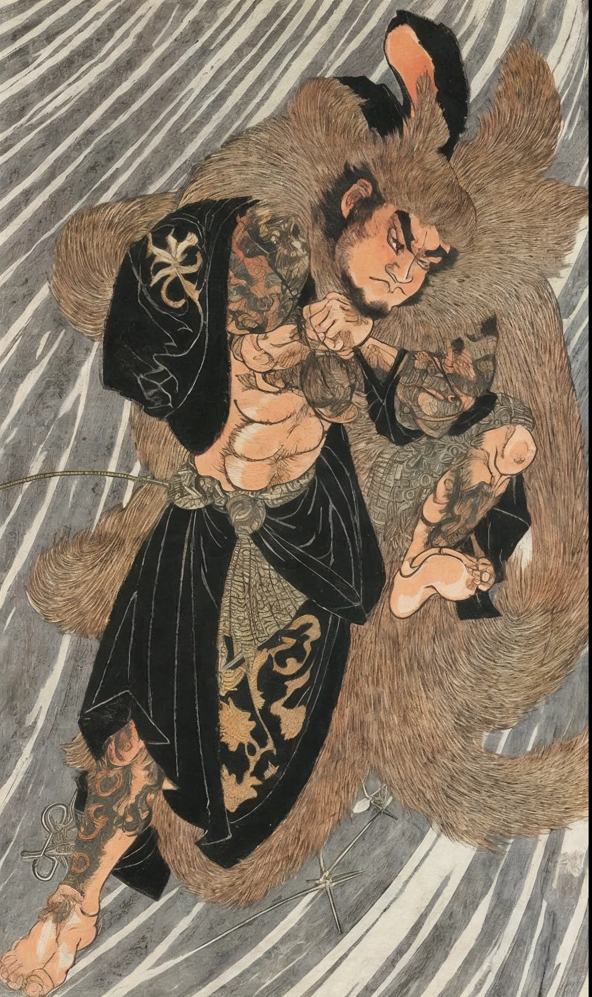 General Rabbit went into battle shirtless,Has a long beard,ukiyo-style,k hd,Minimalist background,(angry look),tmasterpiece,filigree,k hd