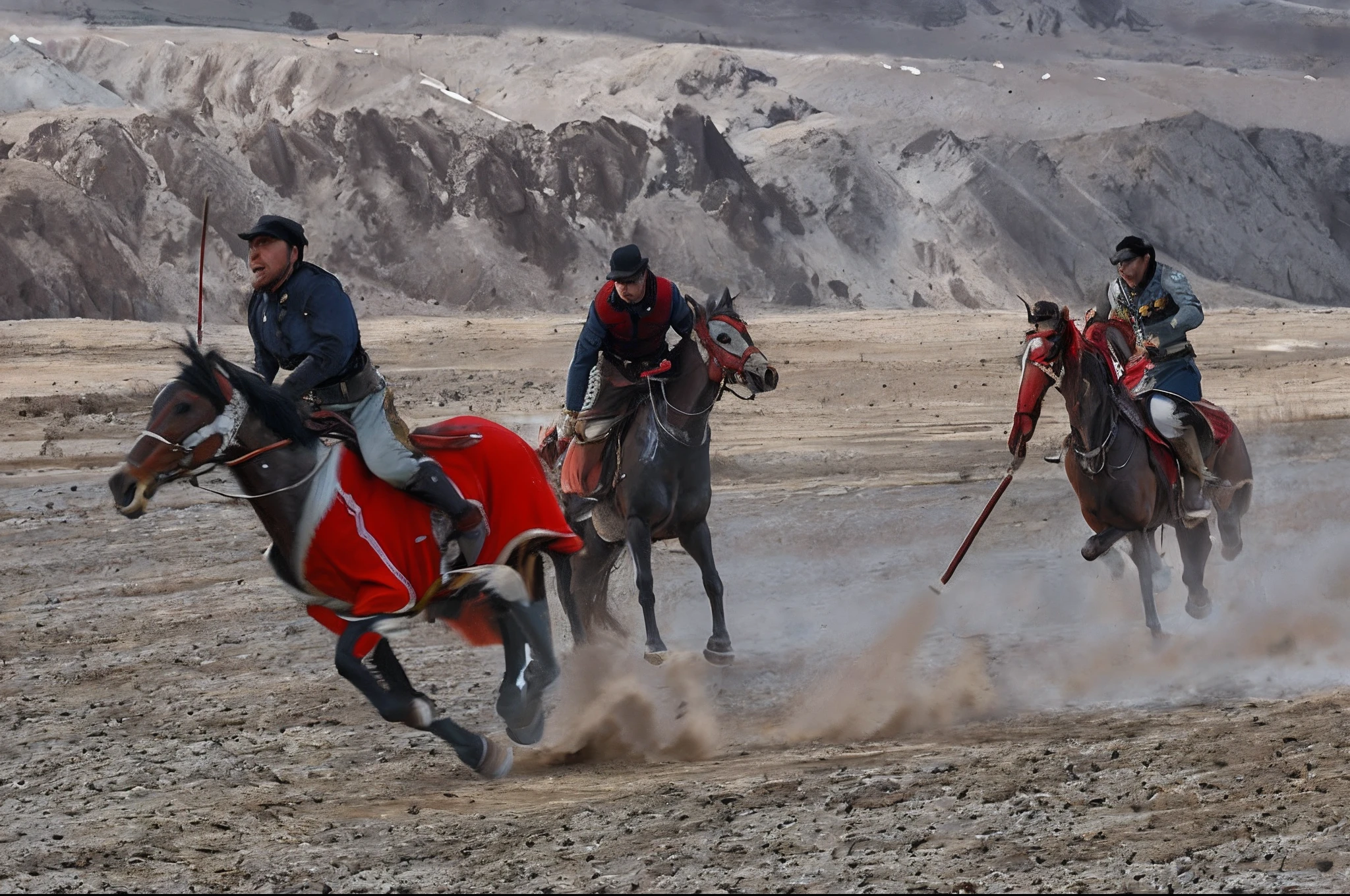 Horses running in a race against riders, award - winning shot, award-winning shot, cavalry charge, intense battles, horse race, an award winning photograph, riding on a prancing horse, award winning sports photography, author:Dietmar Dammelau, competition winning, award winning shot, In battle, Mongolia, Interesting shots, sport, amazing shot
