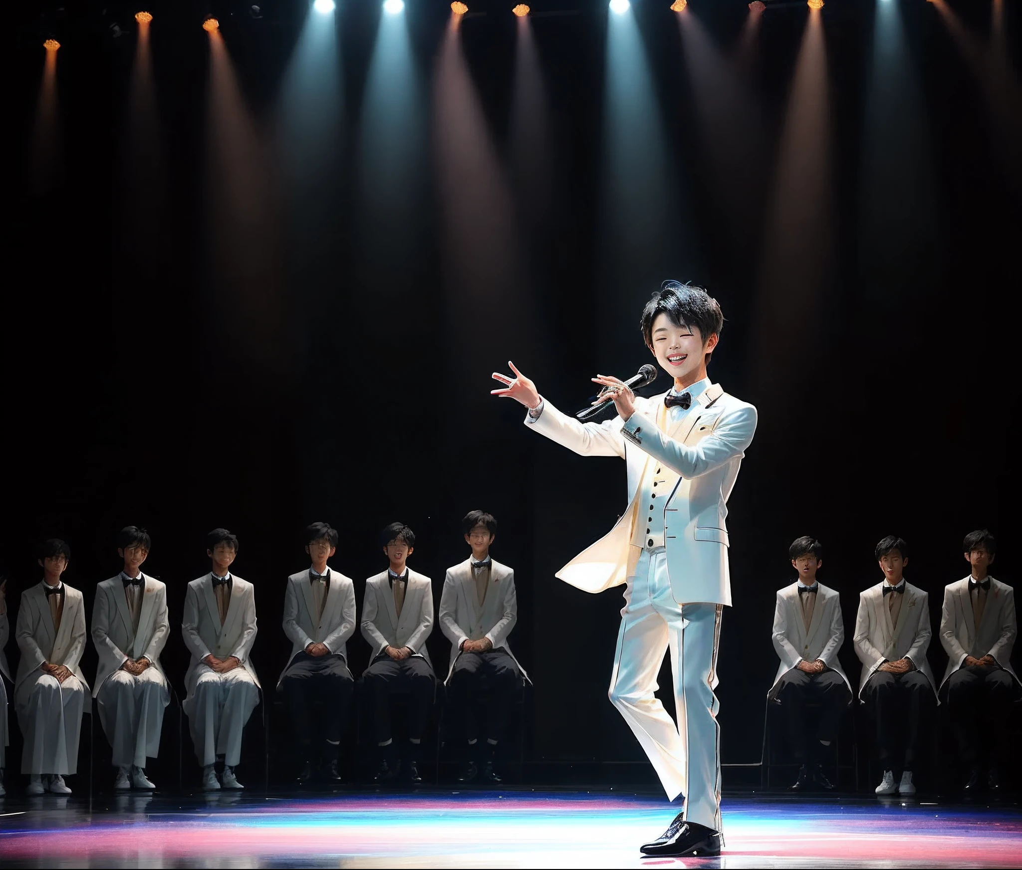 A young male idol, 17 years old, Japanese, he is performing on a large stage of an awards ceremony. He was dancing a very attractive dance in a white silk suit.His smooth movements and the pleats of his suit were fluid every second.The light behind him made him glow. His white hair flutters with each movement, he smiles brightly in front of thousands of people