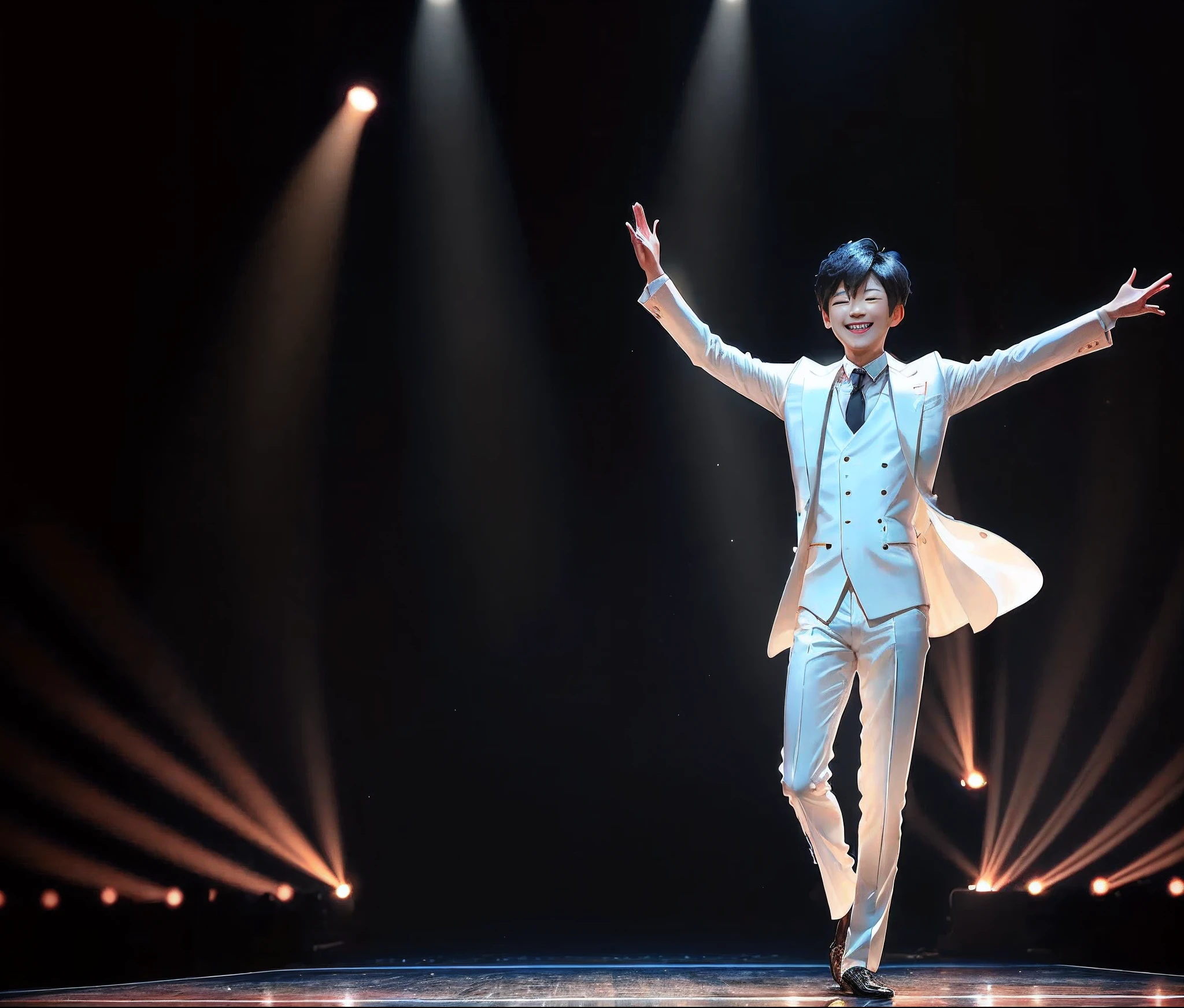 A young male idol, 17 years old, Japanese, he is performing on a large stage of an awards ceremony. He was dancing a very attractive dance in a white silk suit.His smooth movements and the pleats of his suit were fluid every second.The light behind him made him glow. His white hair flutters with each movement, he smiles brightly in front of thousands of people