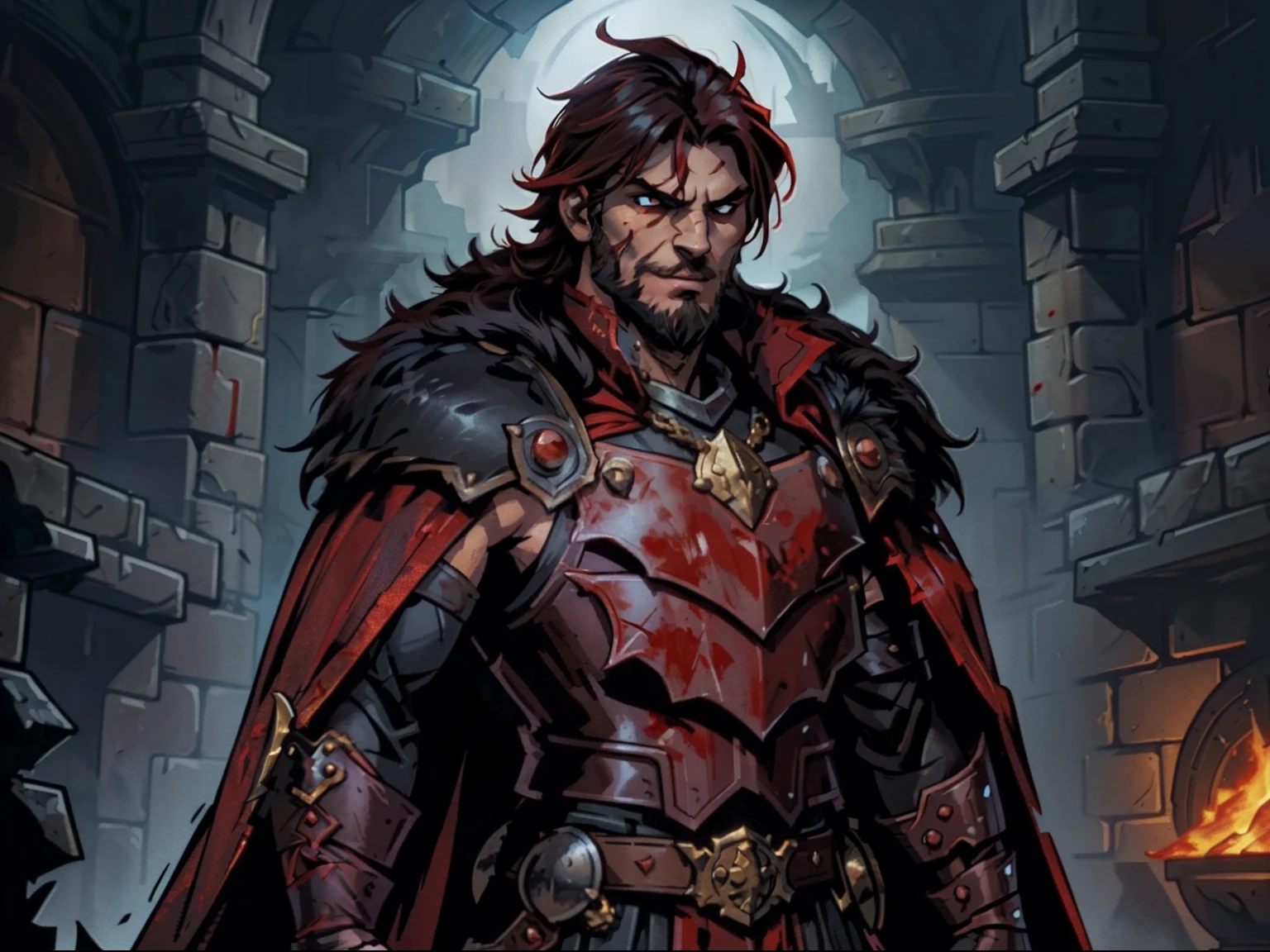 Blood moon background, Darkest Dungeon style, weredragon, hiding in shadows. Ares from 'Xena: Warrior Princessl', hunk, buffed physics, short mane hair, mullet hair, defined face, detailed eyes, short beard, red eyes, dark hair, cruel smile, badass, dangerous. ((full red armor, mail cuirass, scaled sleeves, fur cloak))