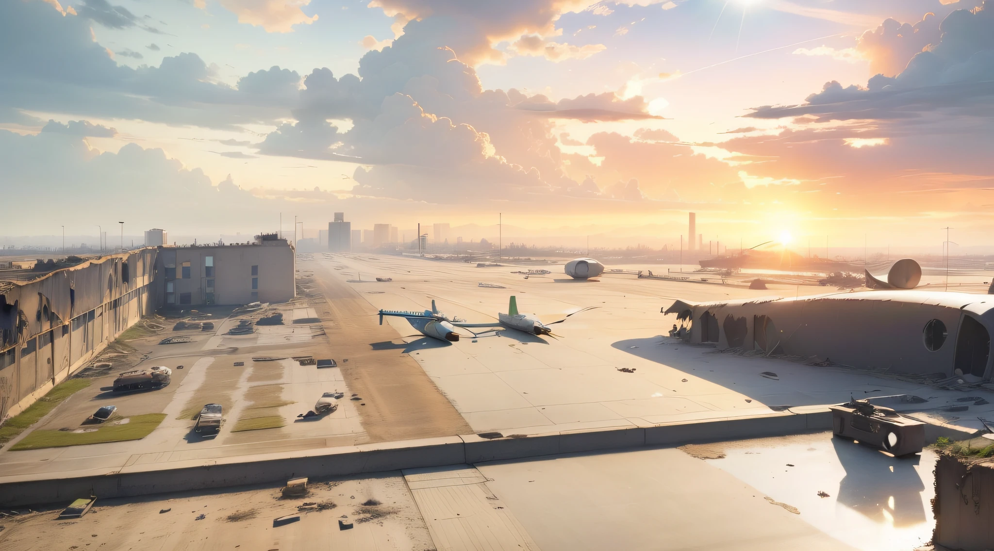 50 meters from an aerial view,Latter-day world,Dilapidated buildings ,Sunshine at 6 p.m,Contre-Jour ,Broken terminal,The wreckage of the plane is on the runway of the airport,There is no complete plane,complexdetails,Virtual Engine,Movie lighting,8k,High-definition large image,