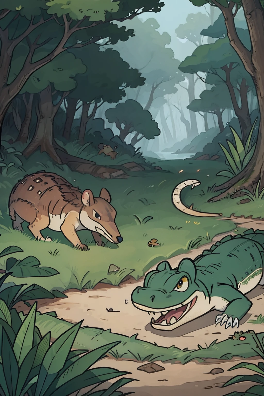 "Clever Mousedeer and Hungry Crocodile in the Dense Forest"