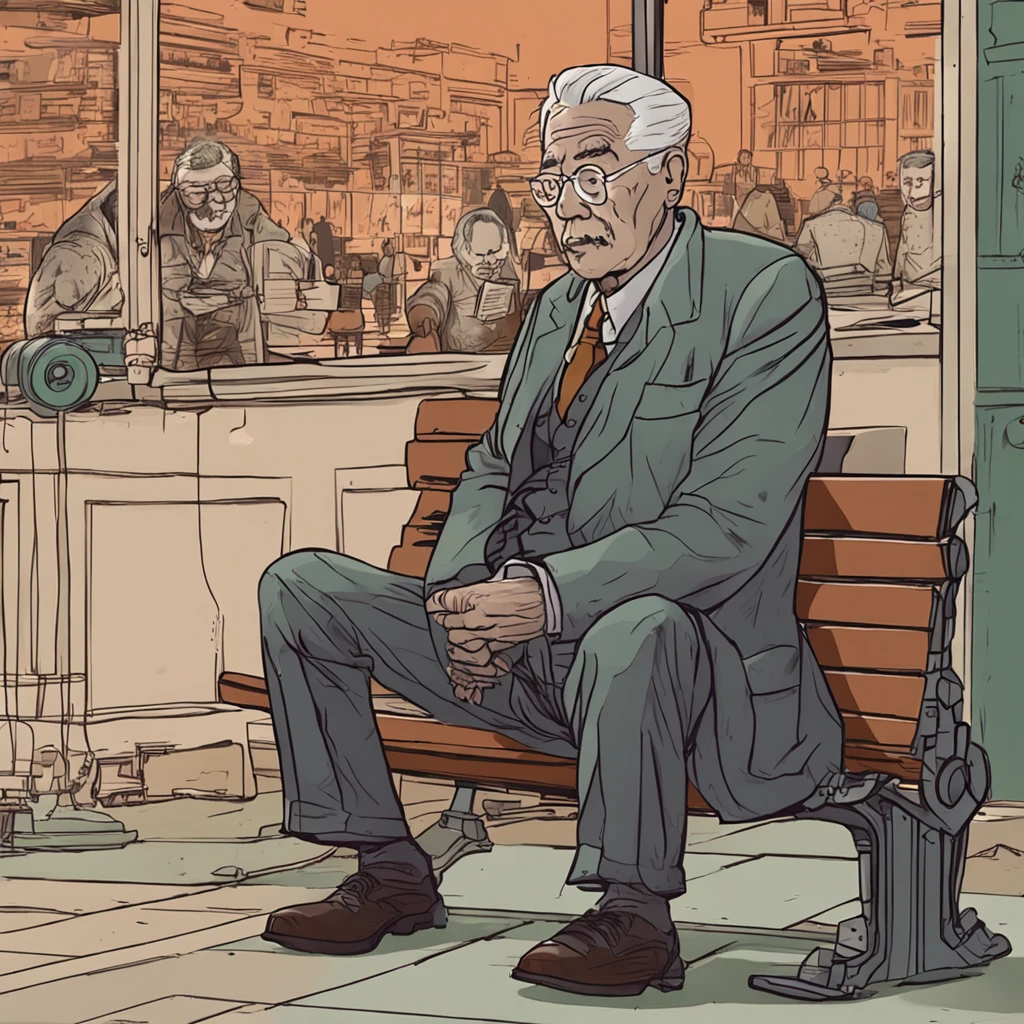 One in a suit、Gray hair、The old man with glasses sat on a bench,Holding Erlang's legs,Smoking,Riding boots stand out。