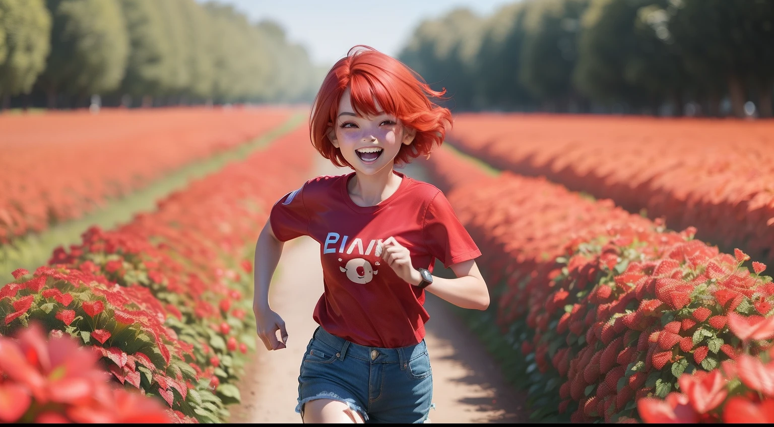 (1 young girl+fringe+red hair+short hair:red hair:1.2+red eyes:1.1+red clothes:1.1+red shirt:1.1) happy expression,running in a strawberry field, Disney Pixar cartoon style.