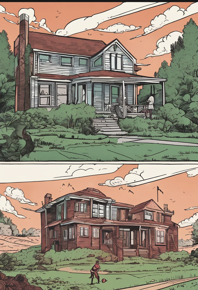 Comic strip with 7 panels. Depicts a high school cheerleader sneaking around at a boy's house. The house is on top of a hill，Isolated place. She felt out of place. Minka Kelly plays Chela leader，She has long blonde hair and a white pull-up suit. His friends played video games there，They don't like her. sharp detailed. Heather Film Vintage High School Aesthetic. proportioned body, minimal color. Cinematic, 8K HD. A mix of comic book style art and line art. Dark undertone, Lots of shadows.