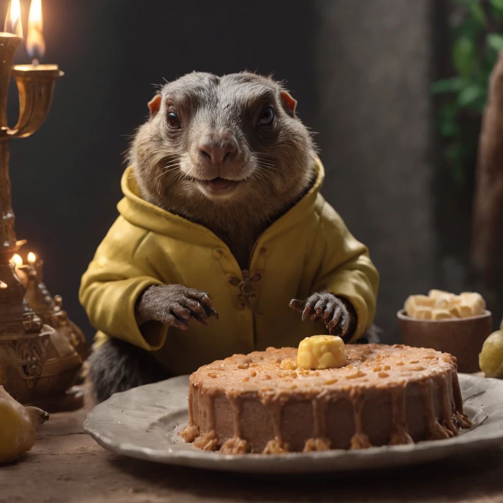 (professional 3d render:1.3) af (Realistic:1.3) most beautiful artwork photo in the world,Marmot with a crown,anthropomorphic turtle,Mango juice drink in hand,On the table is a cake with candles in the whole body 8K uniform rendering, action shot, skin pore, very dark lighting, heavyshading, Detailed, Detailed face, (vibrant, photograph realistic, Realistic, Dramatic, Dark, Sharp focus, 8K), (Old leather garments damaged by weathering:1.4), ((((Wear fur)))), (Intricate:1.4), decadent, (Highly detailed:1.4), Digital painting, rendering by octane, art stations, concept-art, smooth, Sharp focus, illustration, Art germ, (loish:0.23), (Global illumination, Studio light, volumettic light), heavy rain, particles floating, lotr, fantasy, elf, full bodyesbian, ((Dark and ancient city background:1.3)),CGSesociety,art stations